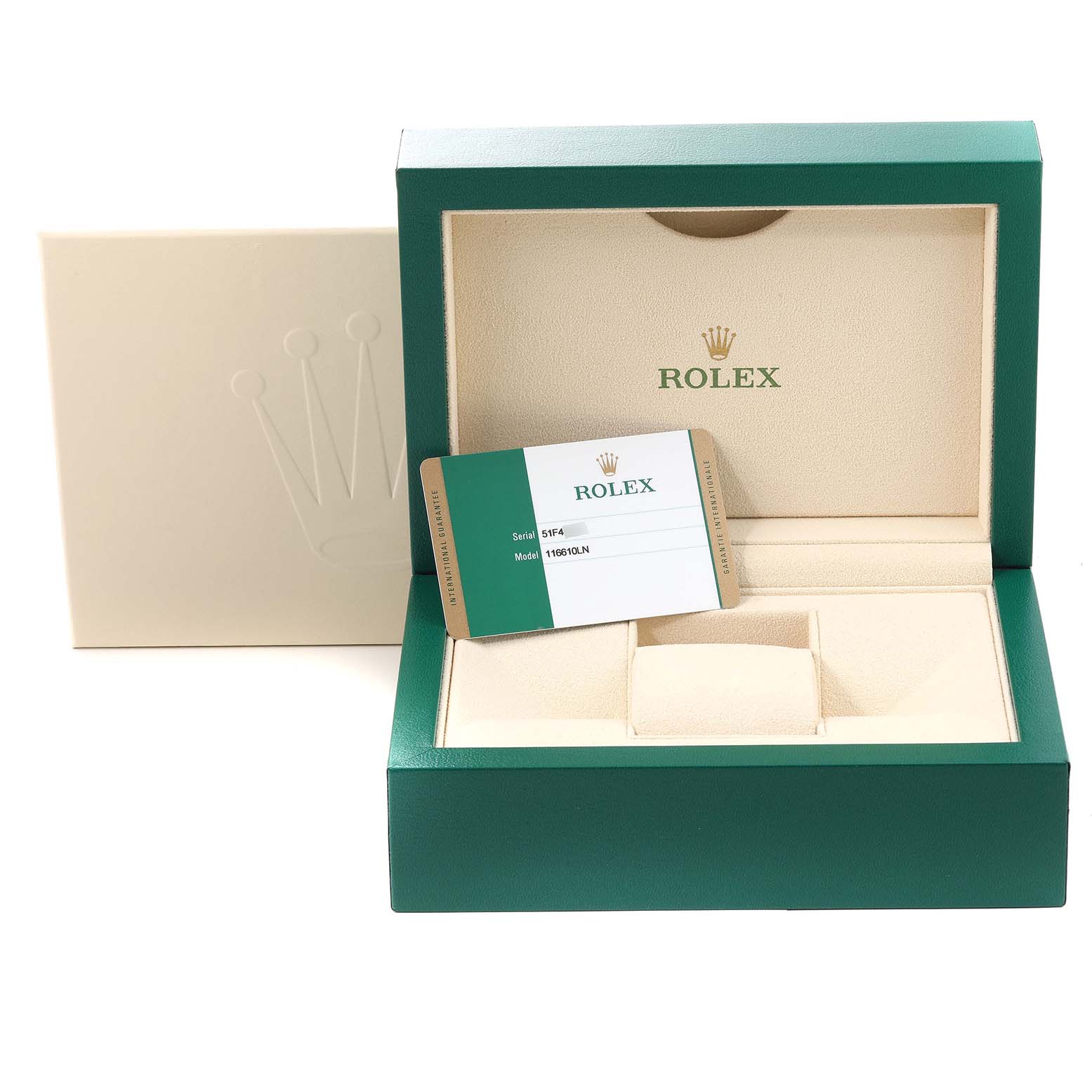 This image shows the packaging and warranty card for a Rolex Submariner 116610 Men
s Stainless Steel Black Dial 116610 Men
s Stainless Steel Black Dial watch, model 116610LN.