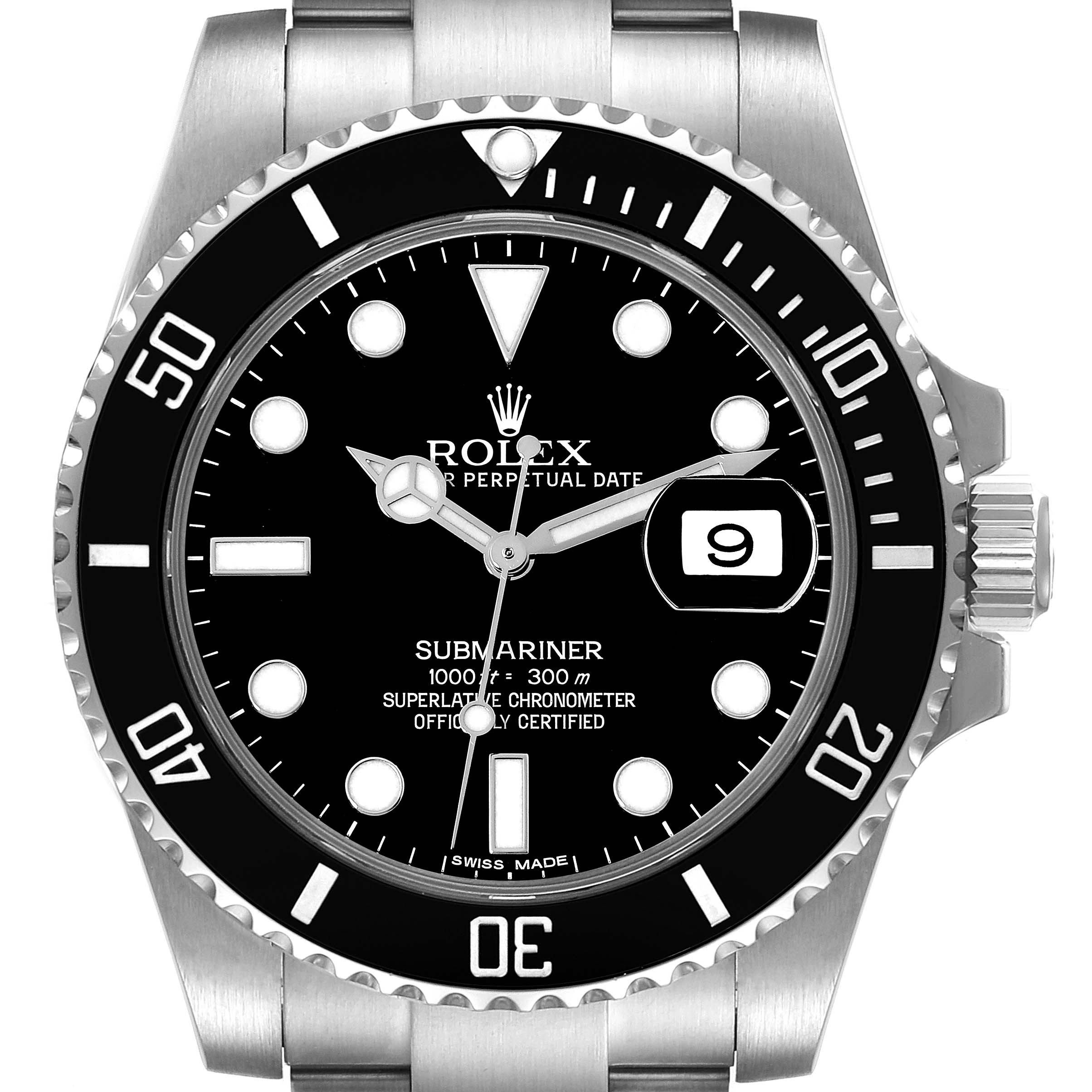 This is a front view of the Rolex Submariner 116610 Men
s Stainless Steel Black Dial 116610 Men
s Stainless Steel Black Dial watch, showing the dial, bezel, crown, and part of the bracelet.