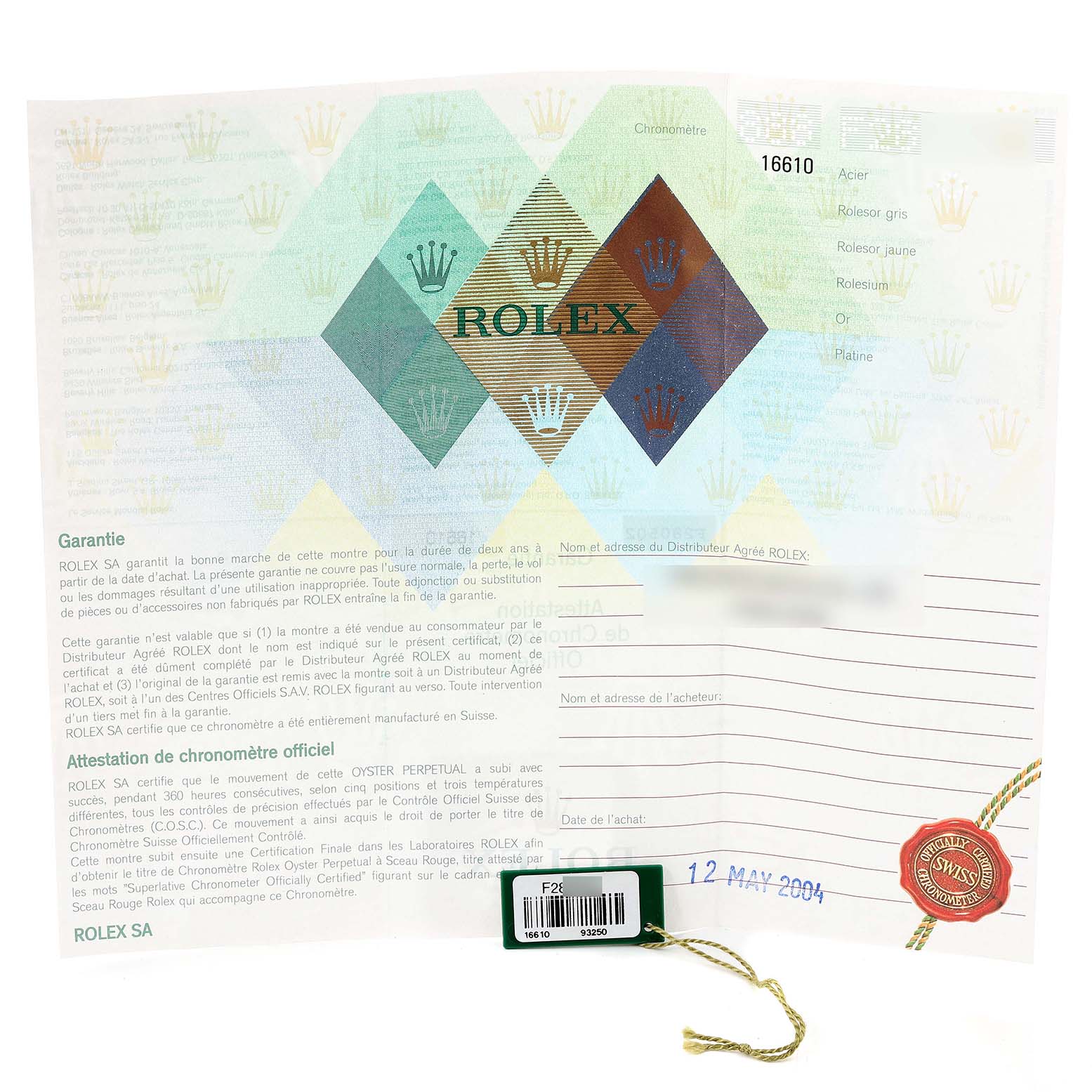 This image shows the warranty certificate and hang tag for the Rolex Submariner 16610 Men
s Stainless Steel Black Dial 16610 Men
s Stainless Steel Black Dial model.