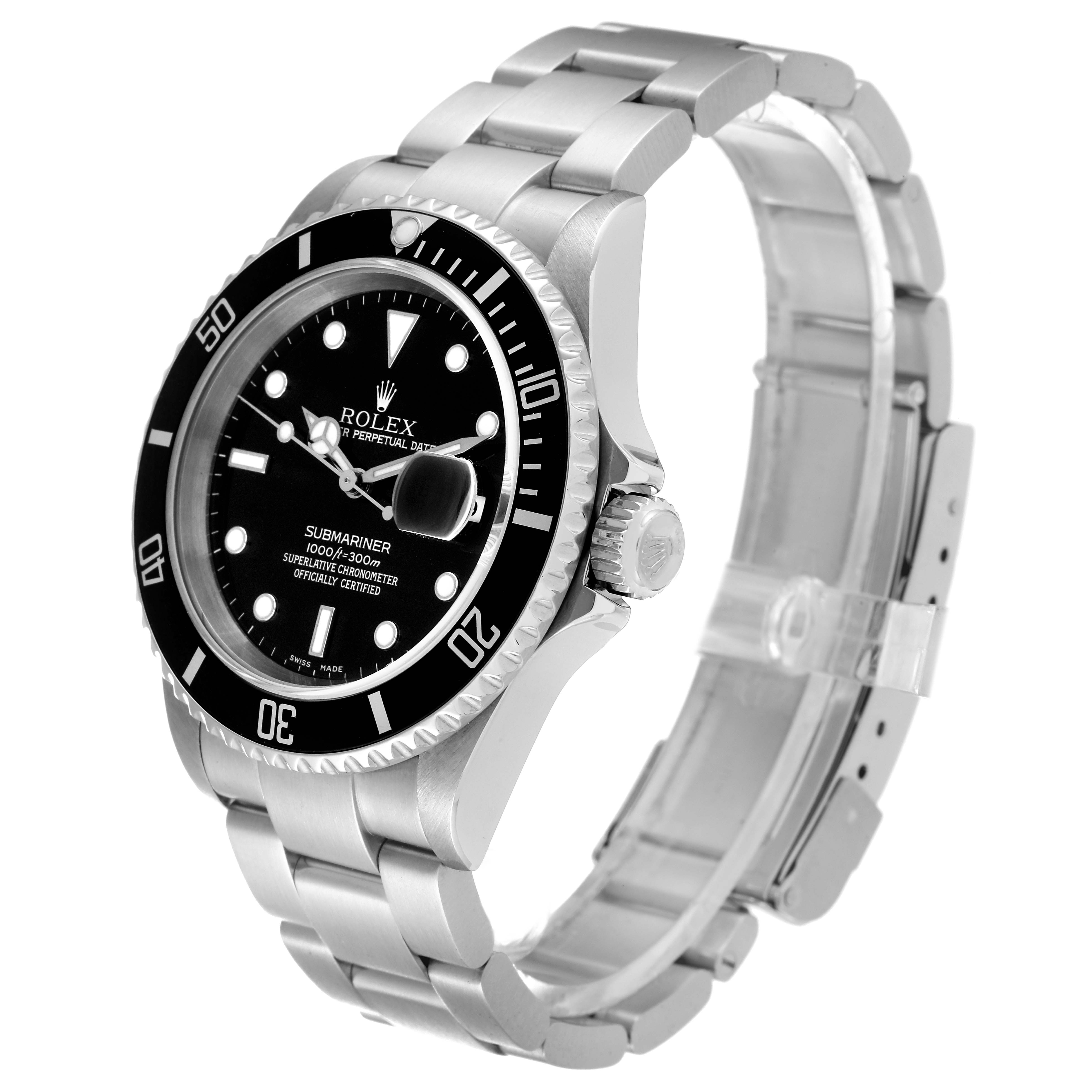 The image shows a side angle of the Rolex Submariner 16610 Men
s Stainless Steel Black Dial 16610 Men
s Stainless Steel Black Dial watch, highlighting the dial, bezel, crown, and bracelet.