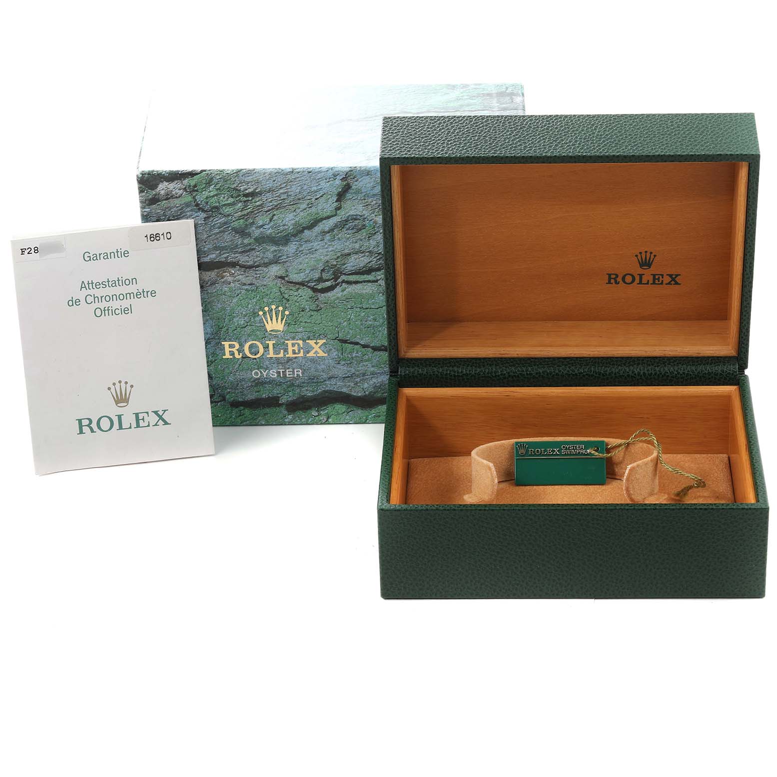 The image shows the packaging for a Rolex Submariner 16610 Men
s Stainless Steel Black Dial 16610 Men
s Stainless Steel Black Dial watch, including the green outer box, the inner display box, and a certification card.