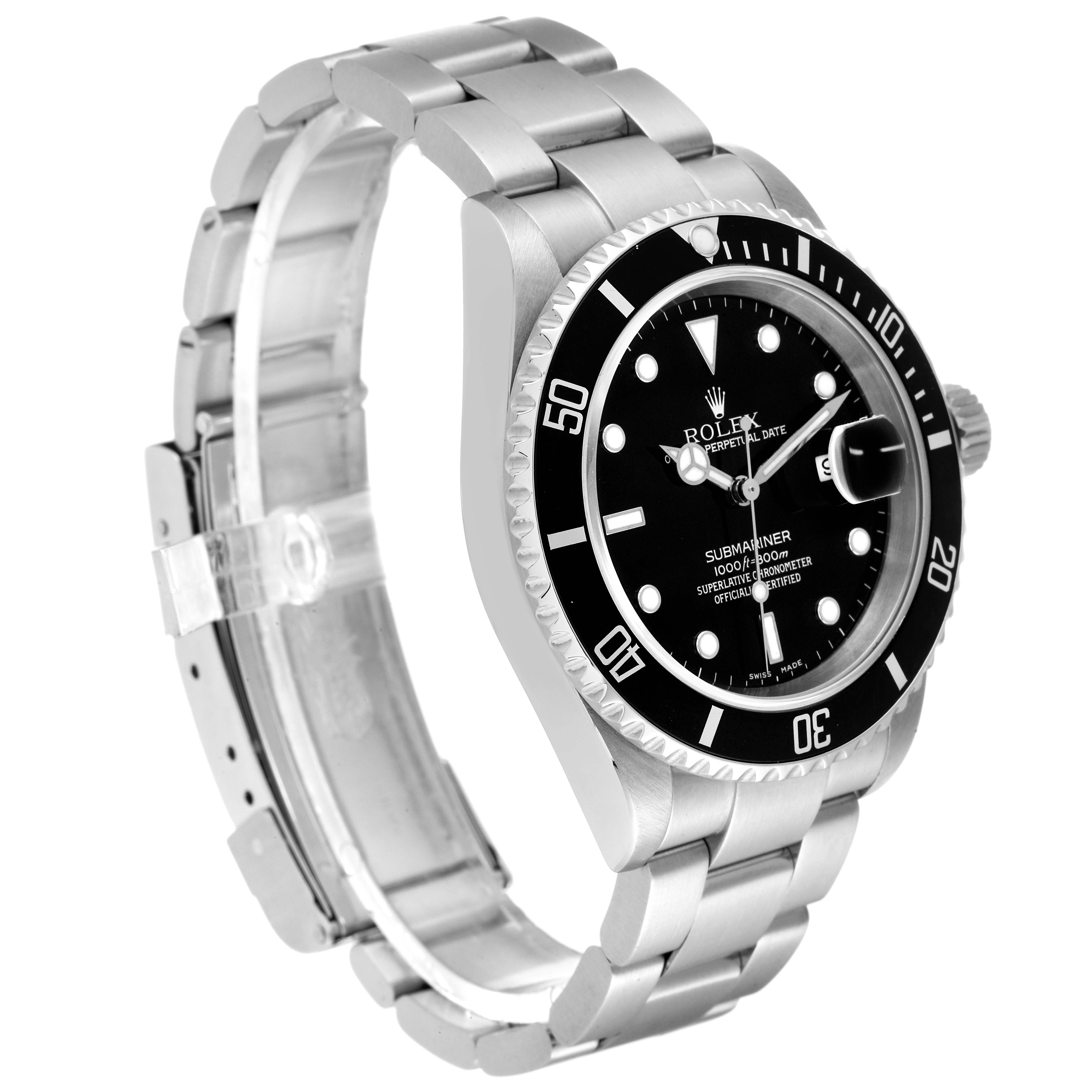 This image shows a Rolex Submariner 16610 Men
s Stainless Steel Black Dial 16610 Men
s Stainless Steel Black Dial watch at a three-quarter angle, highlighting its bracelet, bezel, and dial.