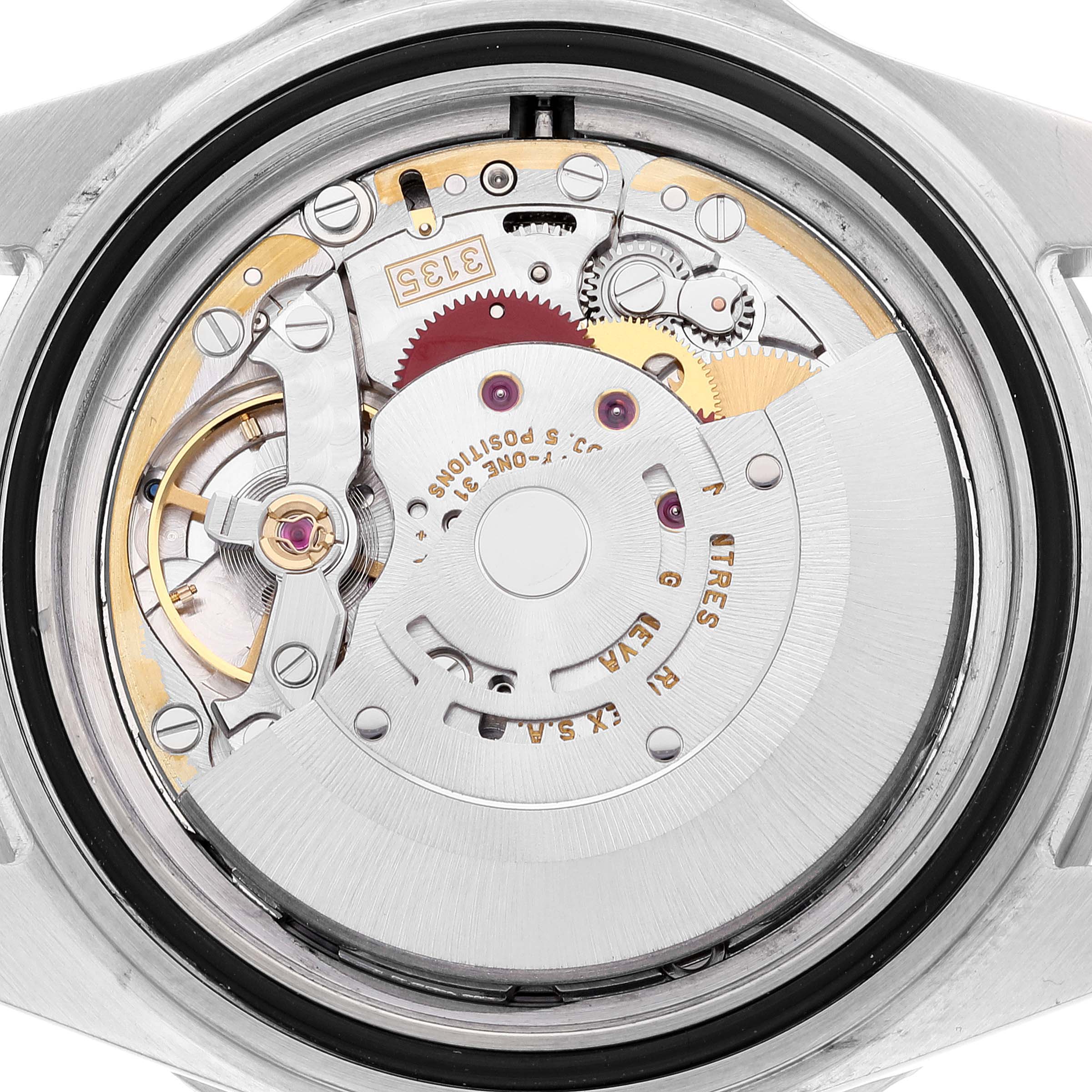 This image shows the internal mechanical movement of a Rolex Submariner 16610 Men
s Stainless Steel Black Dial 16610 Men
s Stainless Steel Black Dial watch, viewed from the back with the case removed.