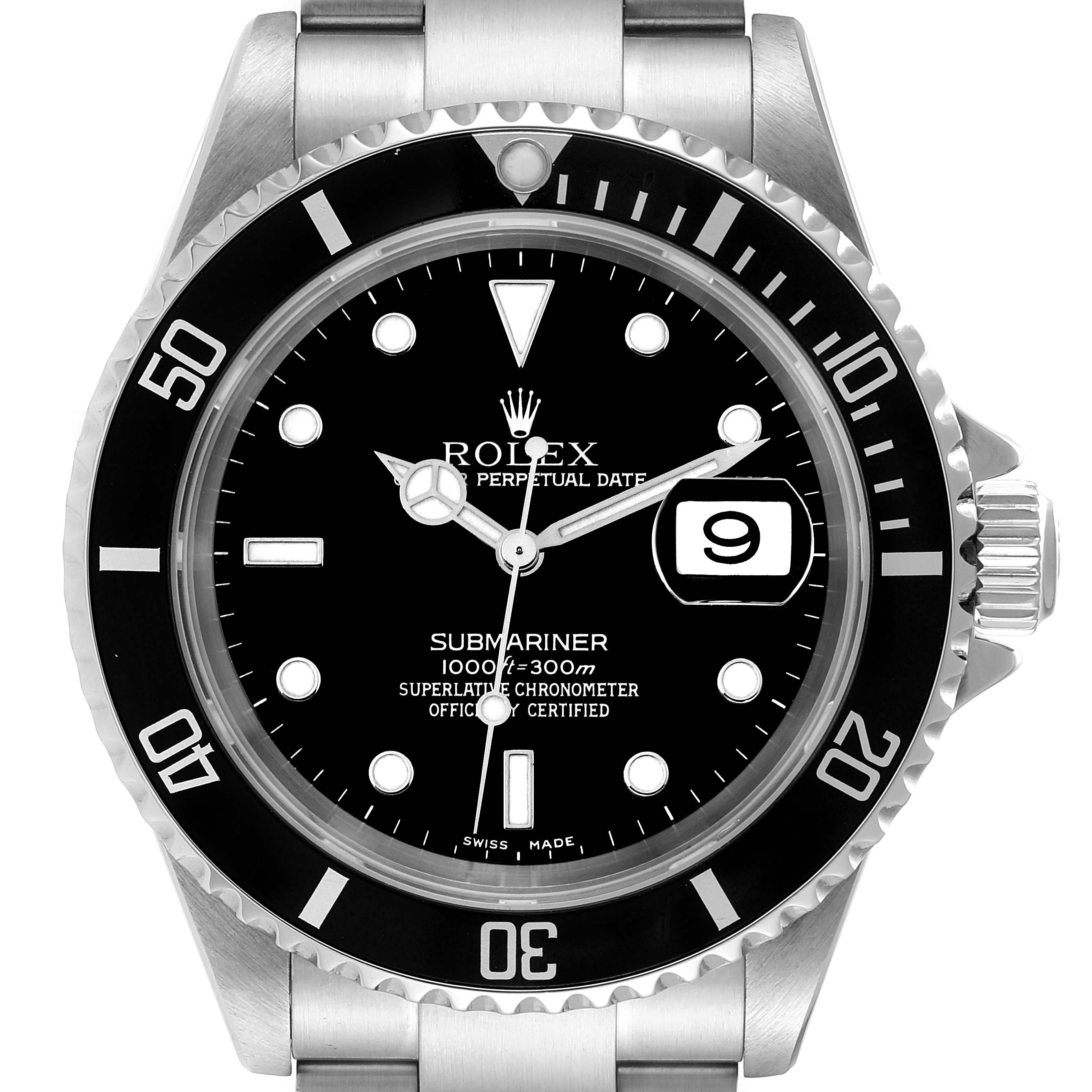This image shows the front view of a Rolex Submariner 16610 Men
s Stainless Steel Black Dial 16610 Men
s Stainless Steel Black Dial, highlighting the dial, bezel, and crown.