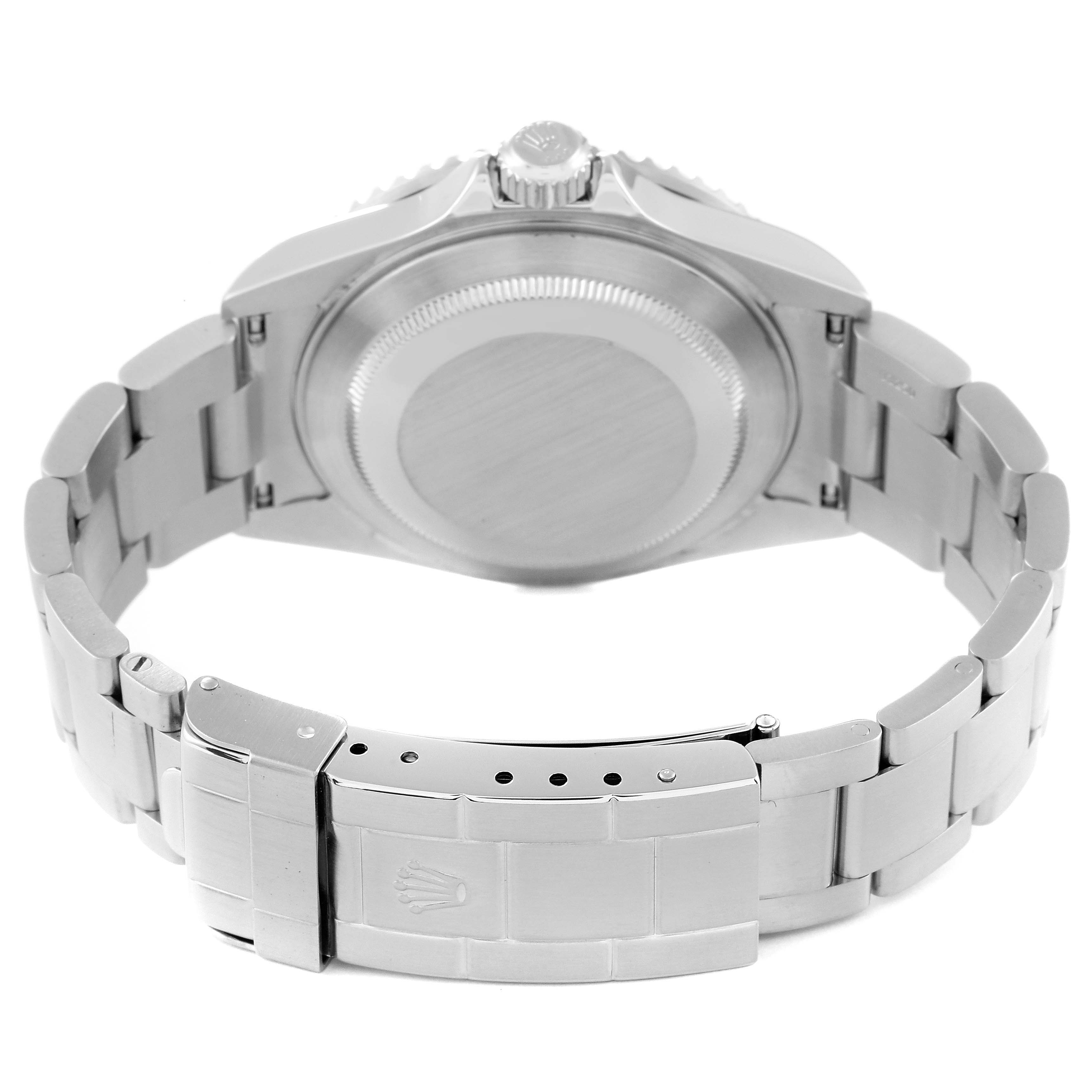 This image shows the back view of a Rolex Submariner 16610 Men
s Stainless Steel Black Dial 16610 Men
s Stainless Steel Black Dial watch, highlighting the case back and the bracelet with the clasp.