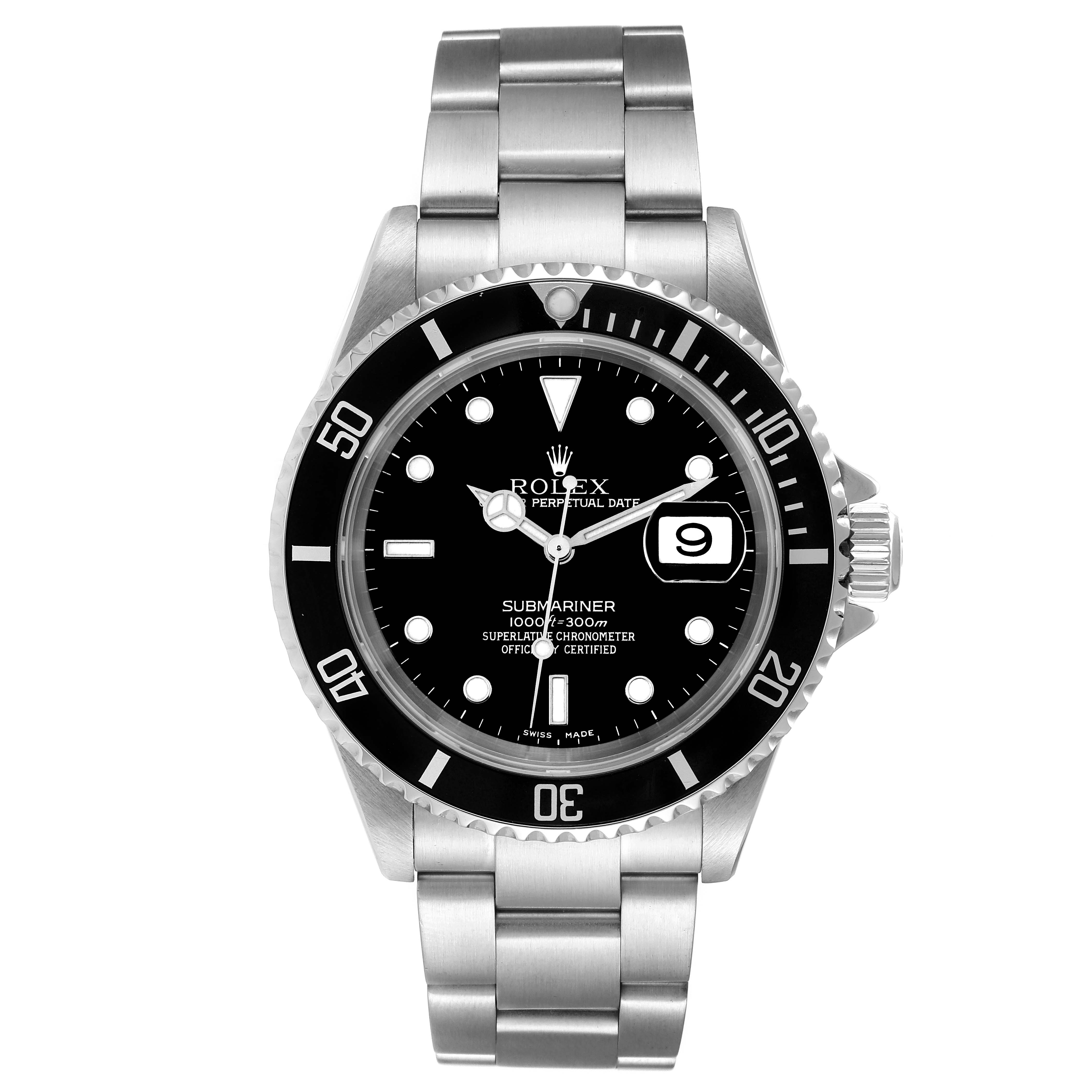 The image shows a front view of a Rolex Submariner 16610 Men
s Stainless Steel Black Dial 16610 Men
s Stainless Steel Black Dial watch, featuring the dial, bezel, and bracelet.