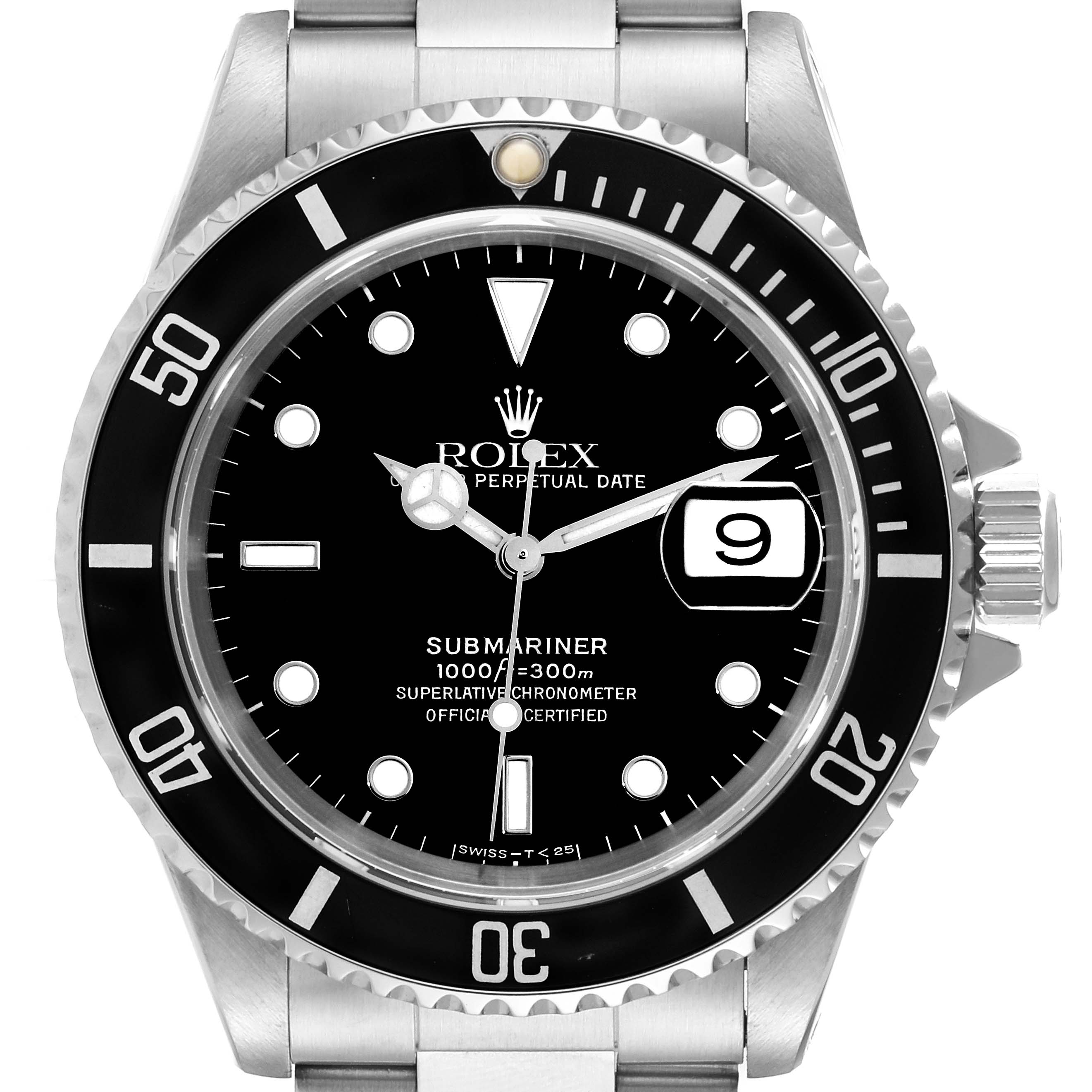The image shows a front view of a Rolex Submariner 16610 Men
s Stainless Steel Black Dial 16610 Men
s Stainless Steel Black Dial watch displaying its dial, bezel, and part of the bracelet.