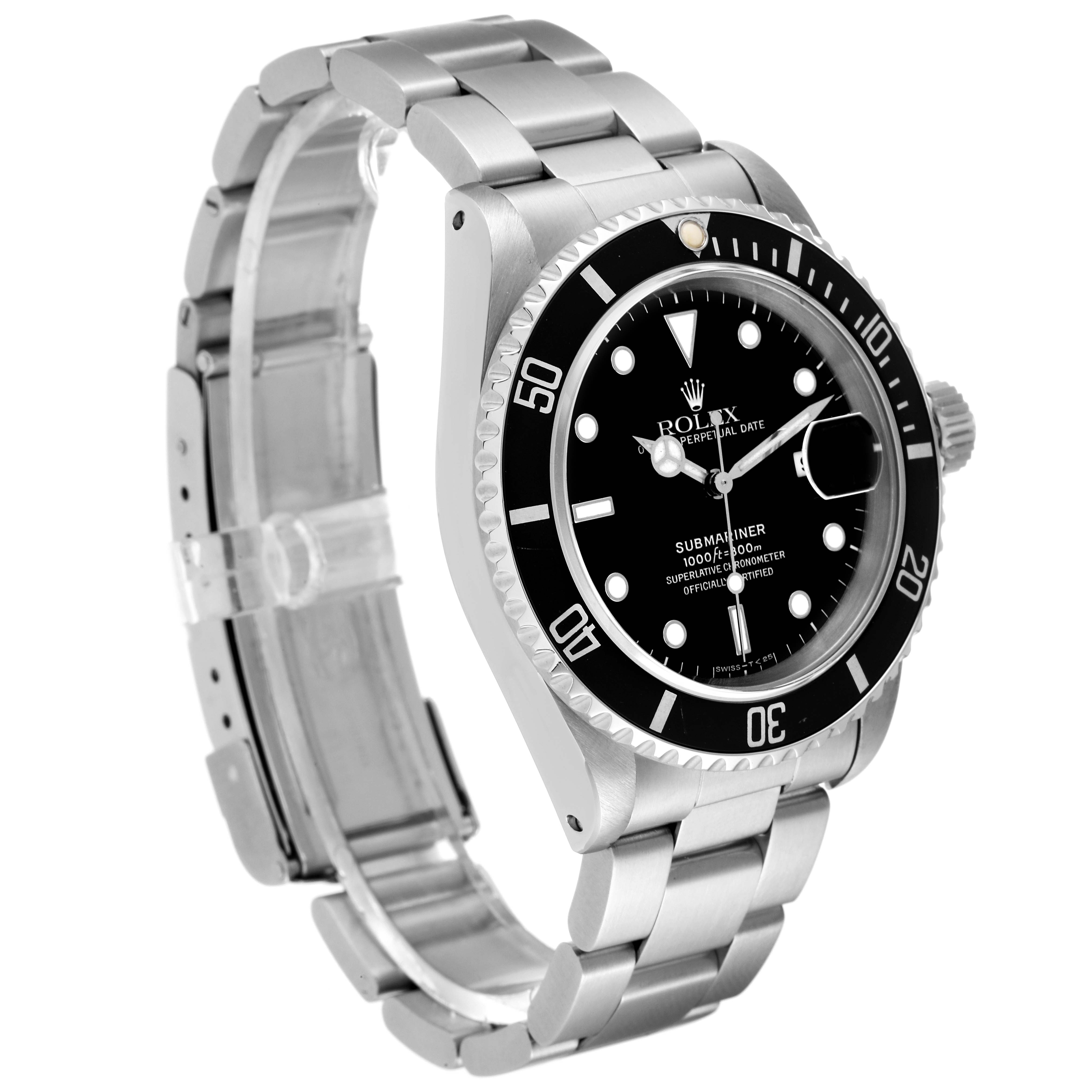 The Rolex Submariner 16610 Men
s Stainless Steel Black Dial 16610 Men
s Stainless Steel Black Dial watch is shown at a three-quarter angle displaying its dial, bezel, and metal bracelet.