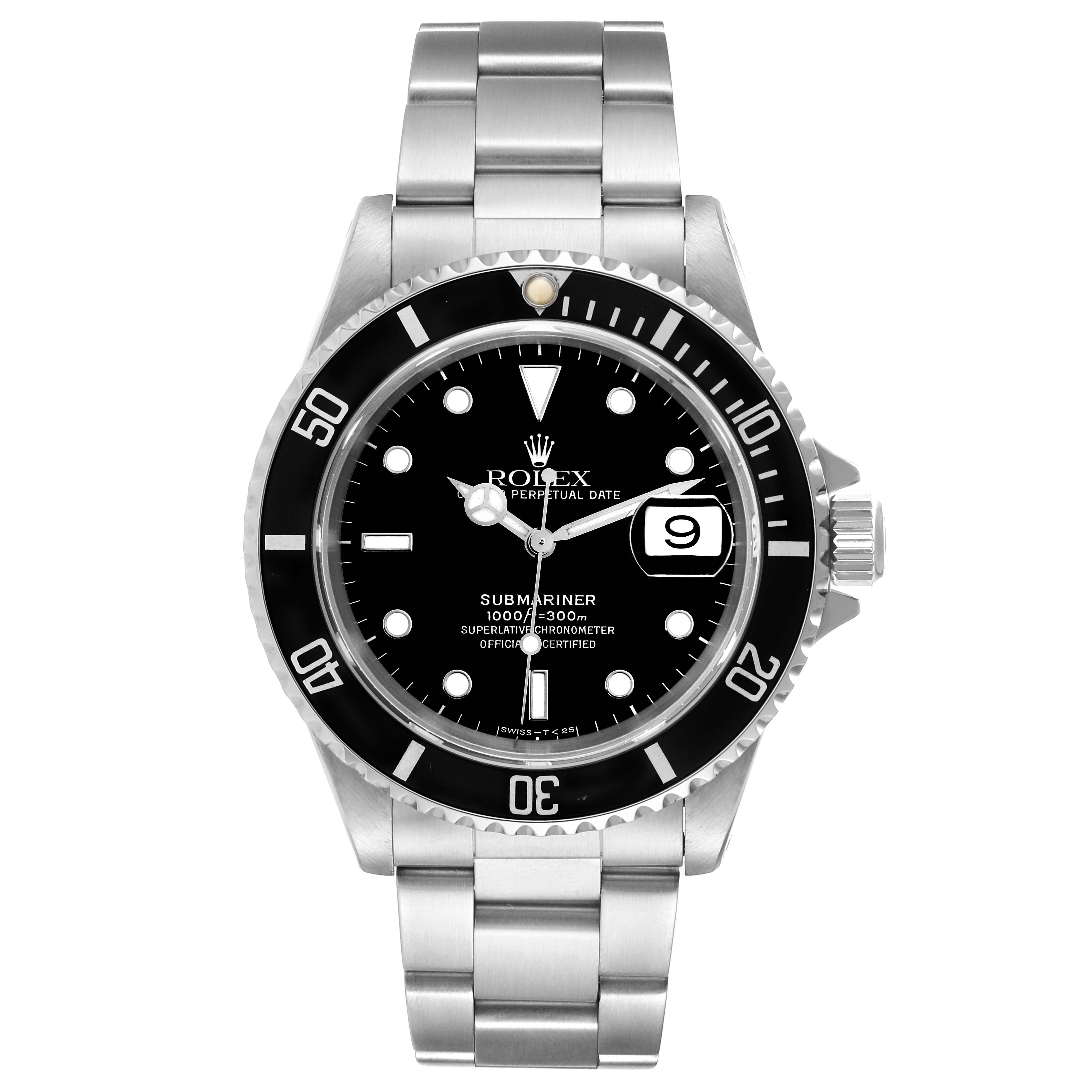 The image shows a front view of the Rolex Submariner 16610 Men
s Stainless Steel Black Dial 16610 Men
s Stainless Steel Black Dial, displaying its black dial, bezel, date window, and stainless steel bracelet.