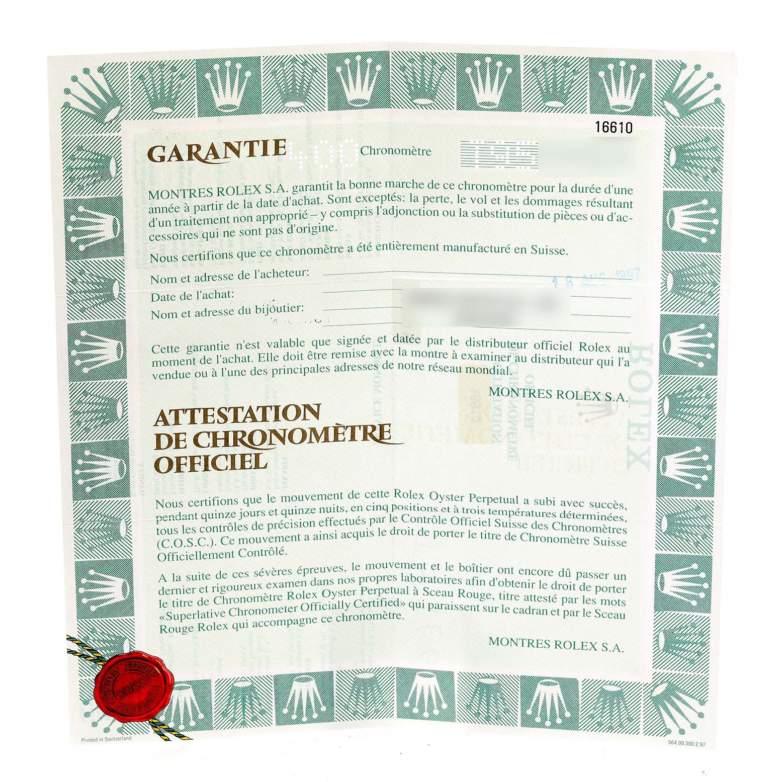 This image shows a warranty certificate for a Rolex Submariner 16610 Men
s Stainless Steel Black Dial 16610 Men
s Stainless Steel Black Dial watch, including its chronometer certification.