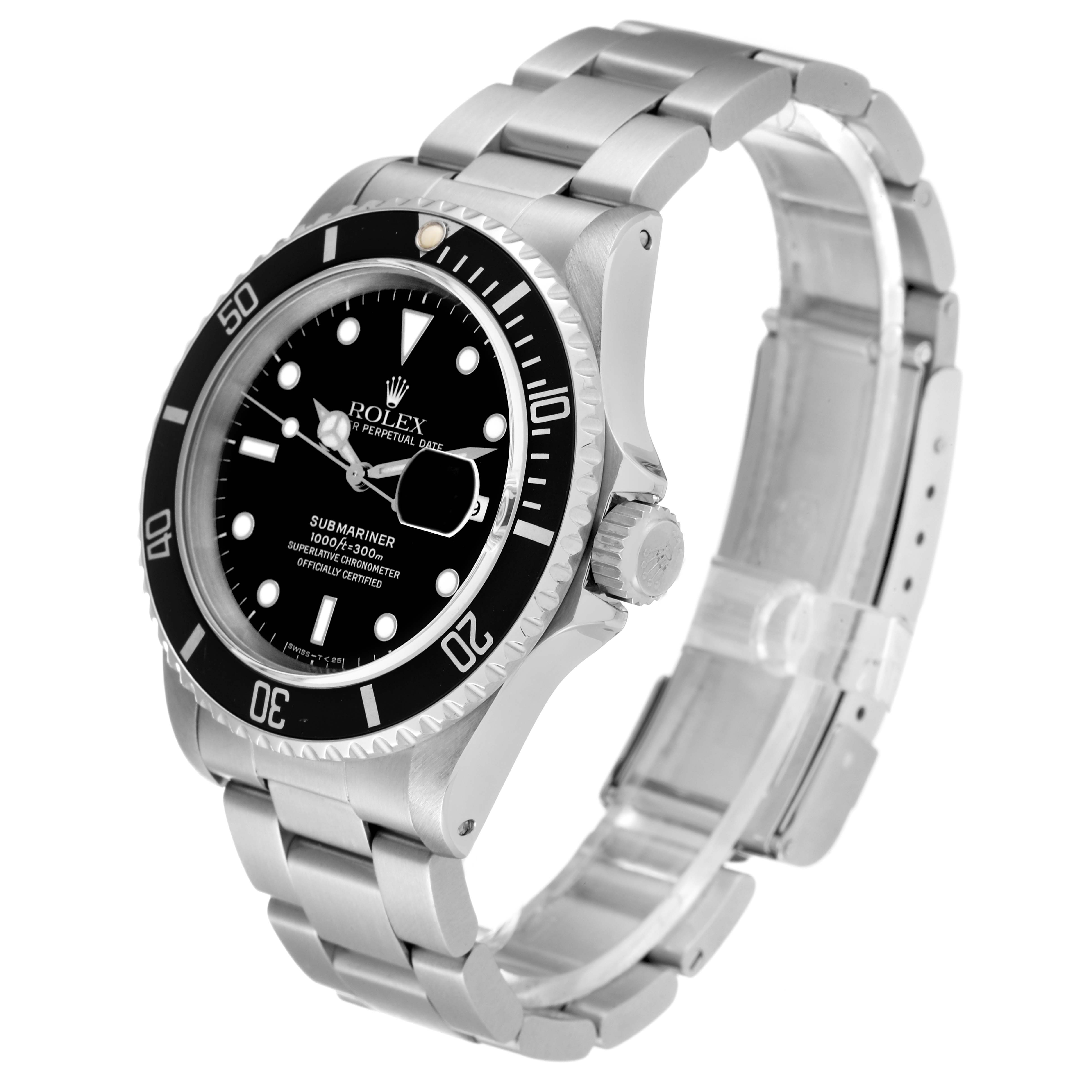 The Rolex Submariner 16610 Men
s Stainless Steel Black Dial 16610 Men
s Stainless Steel Black Dial watch is shown at a three-quarter angle, highlighting its face, bezel, crown, and stainless steel bracelet.