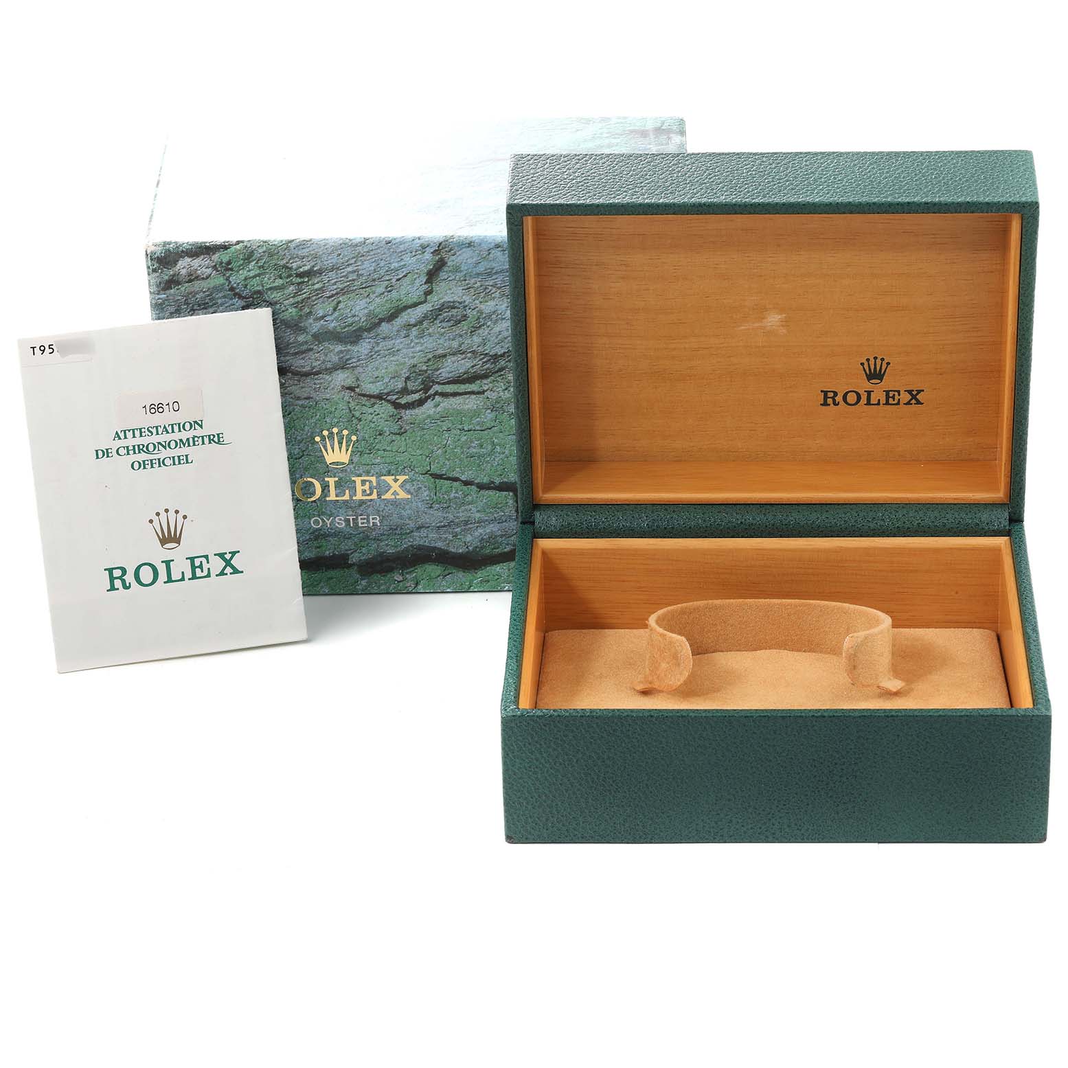 The image shows an open Rolex Submariner 16610 Men
s Stainless Steel Black Dial 16610 Men
s Stainless Steel Black Dial watch box with an exterior box and a certificate on the left side.