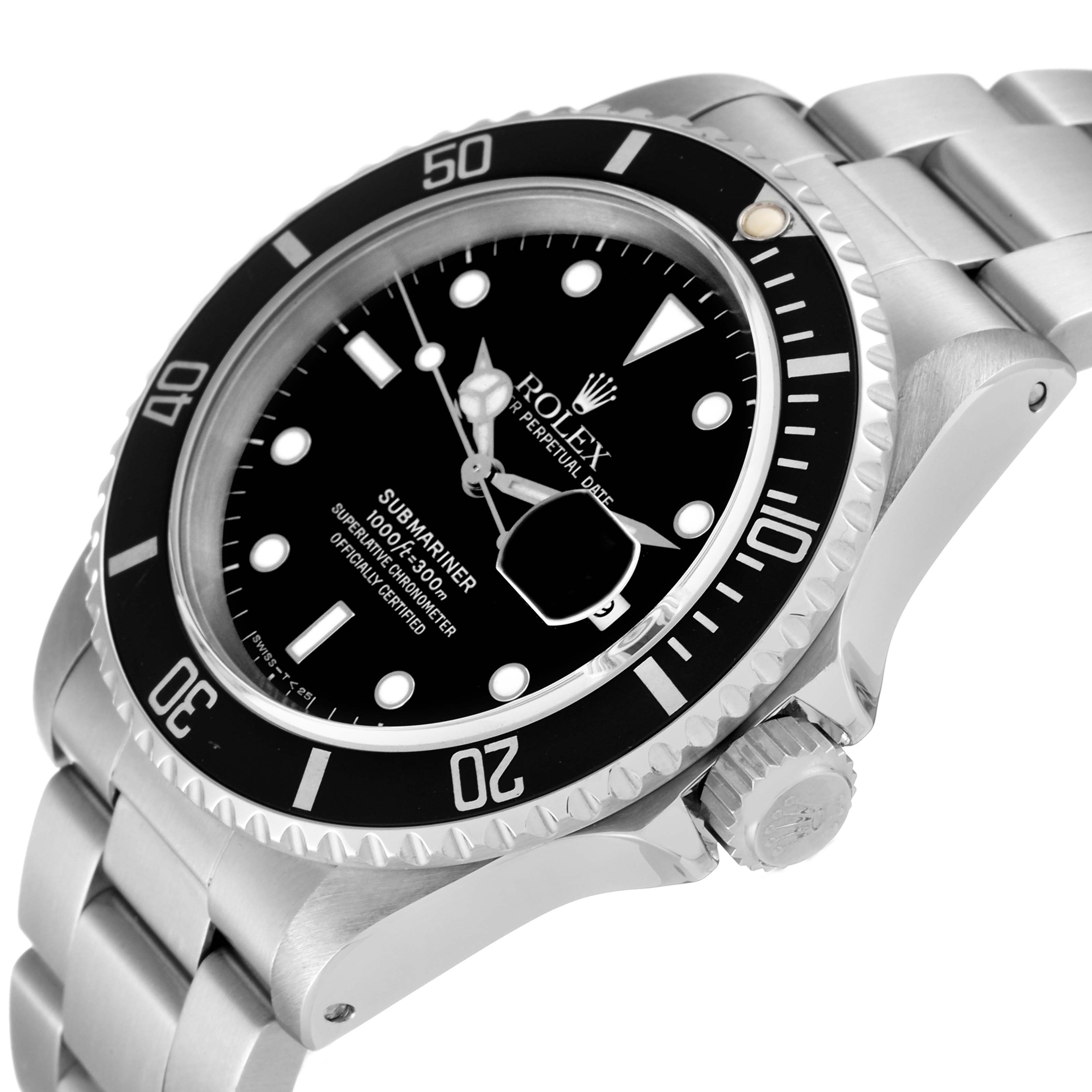This image shows a close-up angled view of a Rolex Submariner 16610 Men
s Stainless Steel Black Dial 16610 Men
s Stainless Steel Black Dial watch, highlighting the dial, bezel, crown, and part of the bracelet.