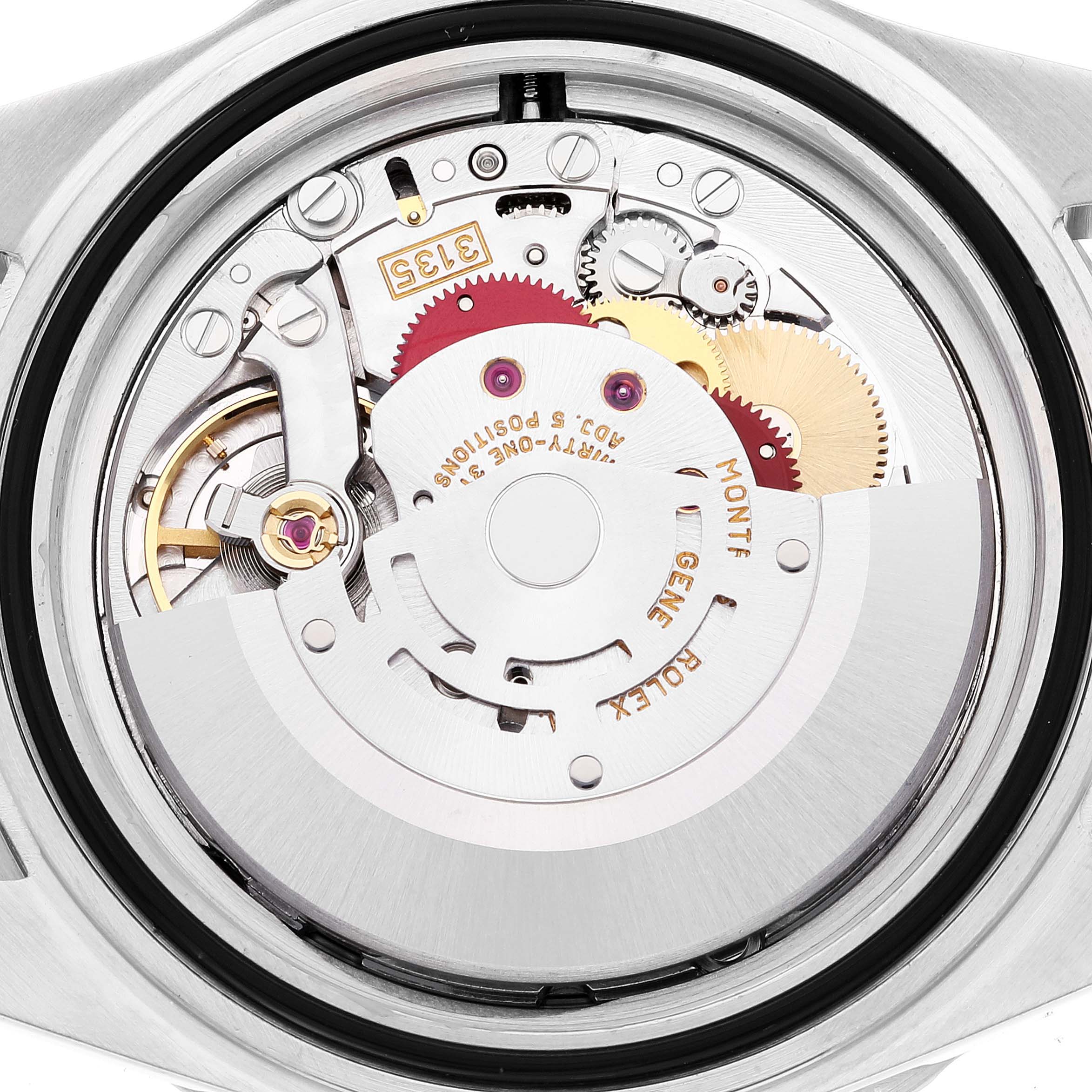 The image shows the close-up of the movement mechanism inside a Rolex Submariner 16610 Men
s Stainless Steel Black Dial 16610 Men
s Stainless Steel Black Dial watch.