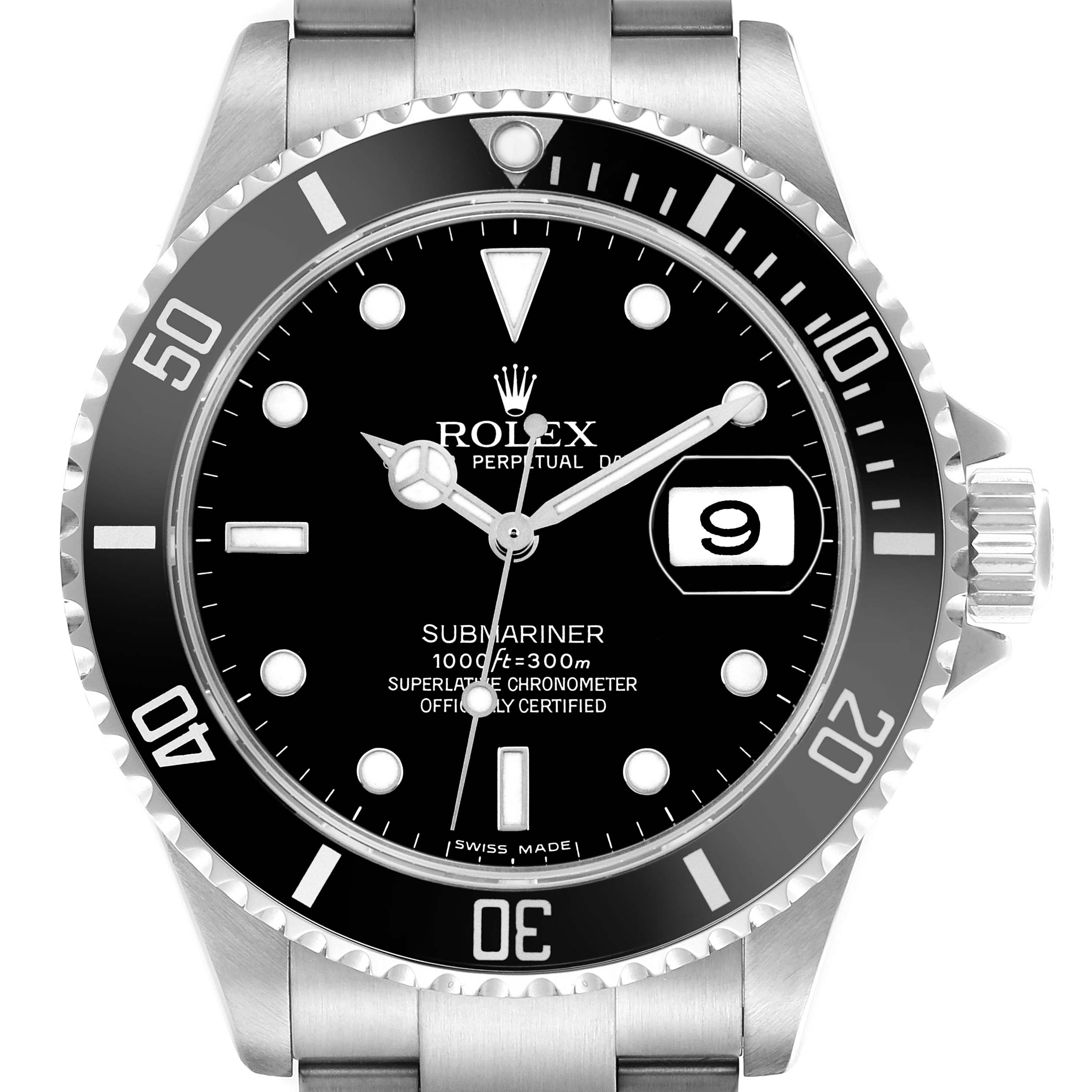 The Rolex Submariner 16610 Men's Stainless Steel Black Dial is shown from the front, displaying the bezel, dial, hands, date window, and part of the bracelet.