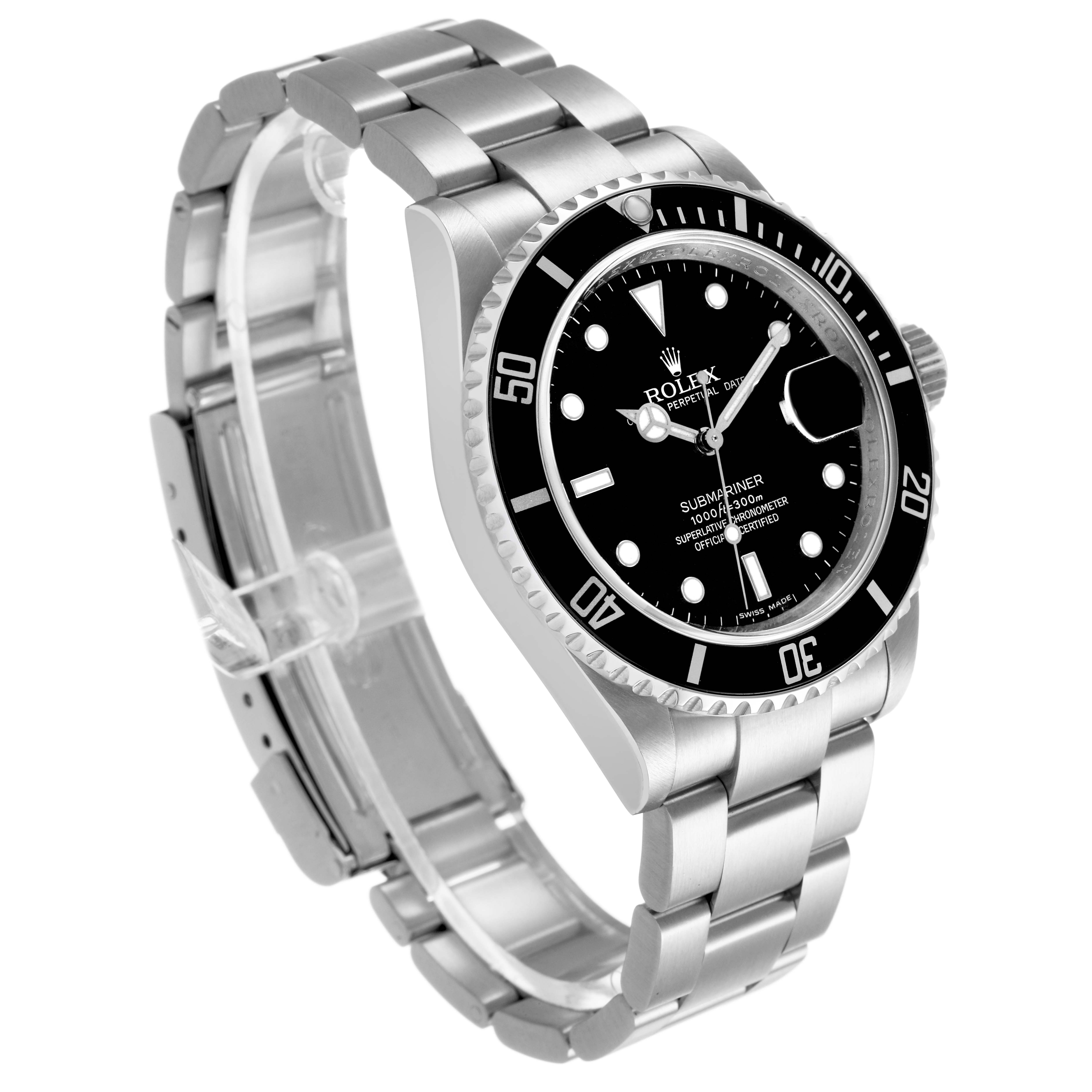 The Rolex Submariner 16610 Men's Stainless Steel Black Dial watch is shown at an angle highlighting the face, bezel, case, bracelet, and clasp.