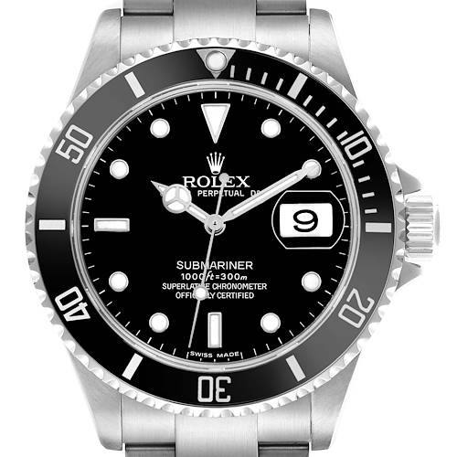The Rolex Submariner 16610 Men's Stainless Steel Black Dial watch is shown from a front angle, displaying its dial, bezel, crown, and part of the bracelet.