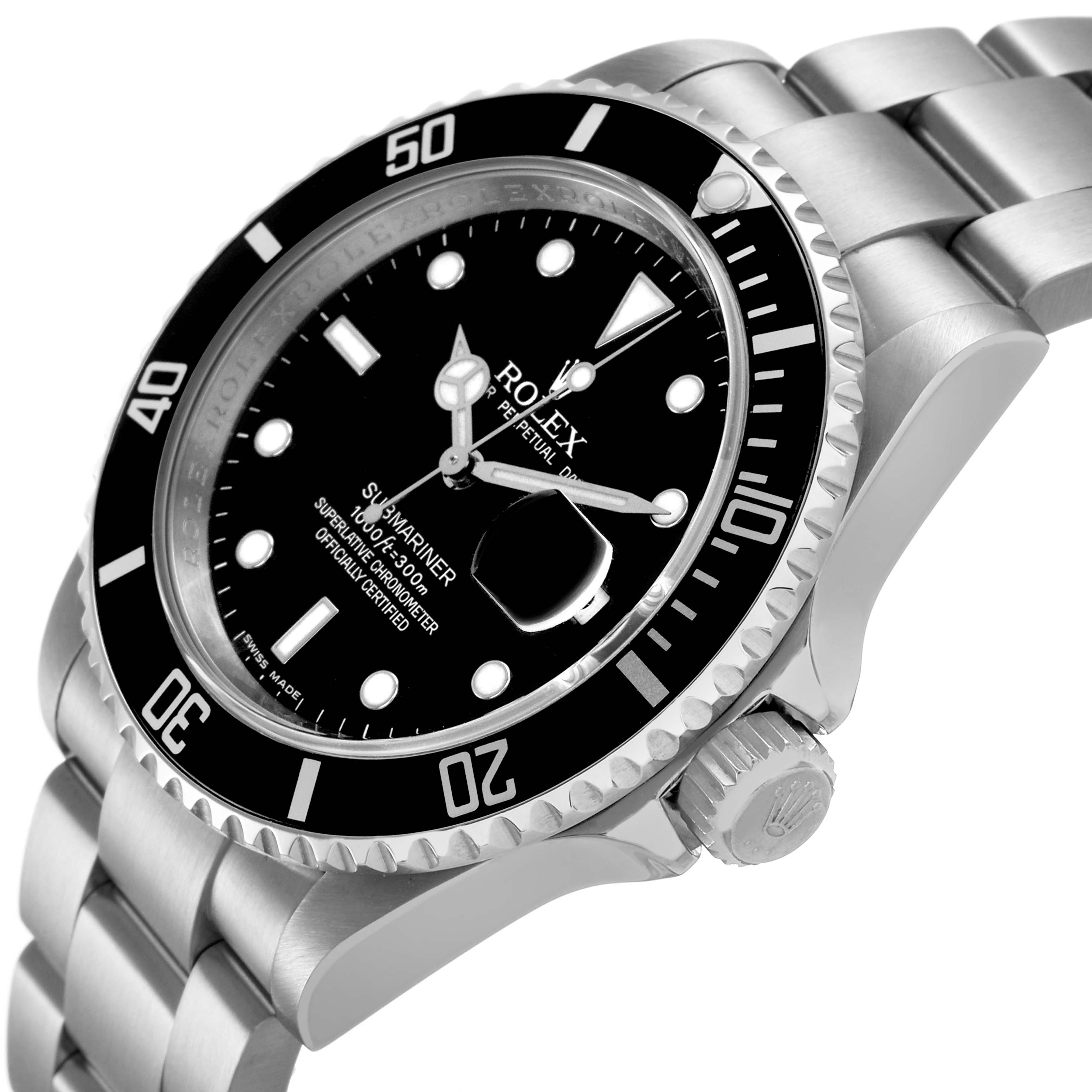 The image shows a Rolex Submariner 16610 Men's Stainless Steel Black Dial watch from a side angle, highlighting the bezel, crown, and part of the bracelet.