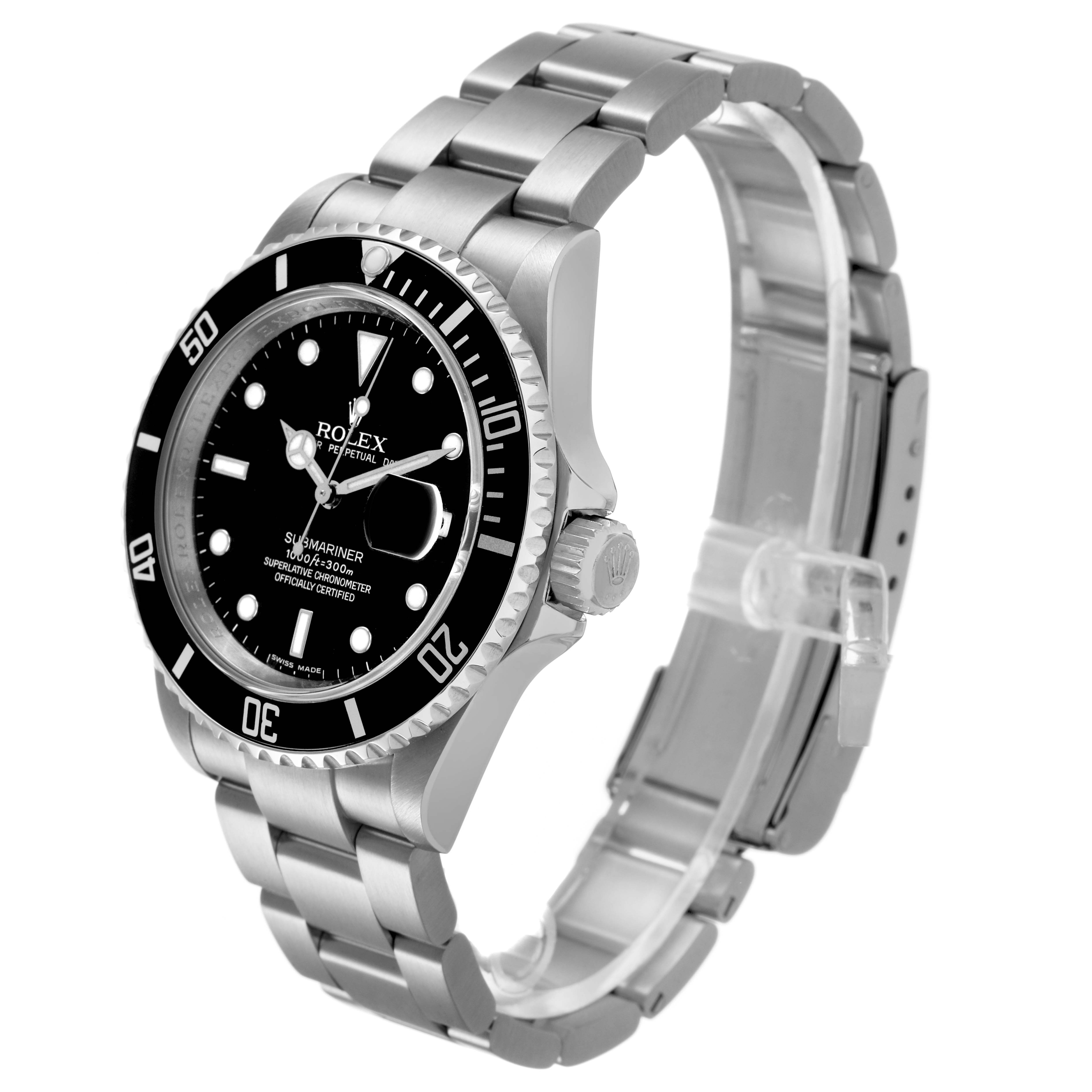 The image shows a Rolex Submariner 16610 Men's Stainless Steel Black Dial watch at a three-quarter angle, highlighting the face, bezel, crown, and bracelet.