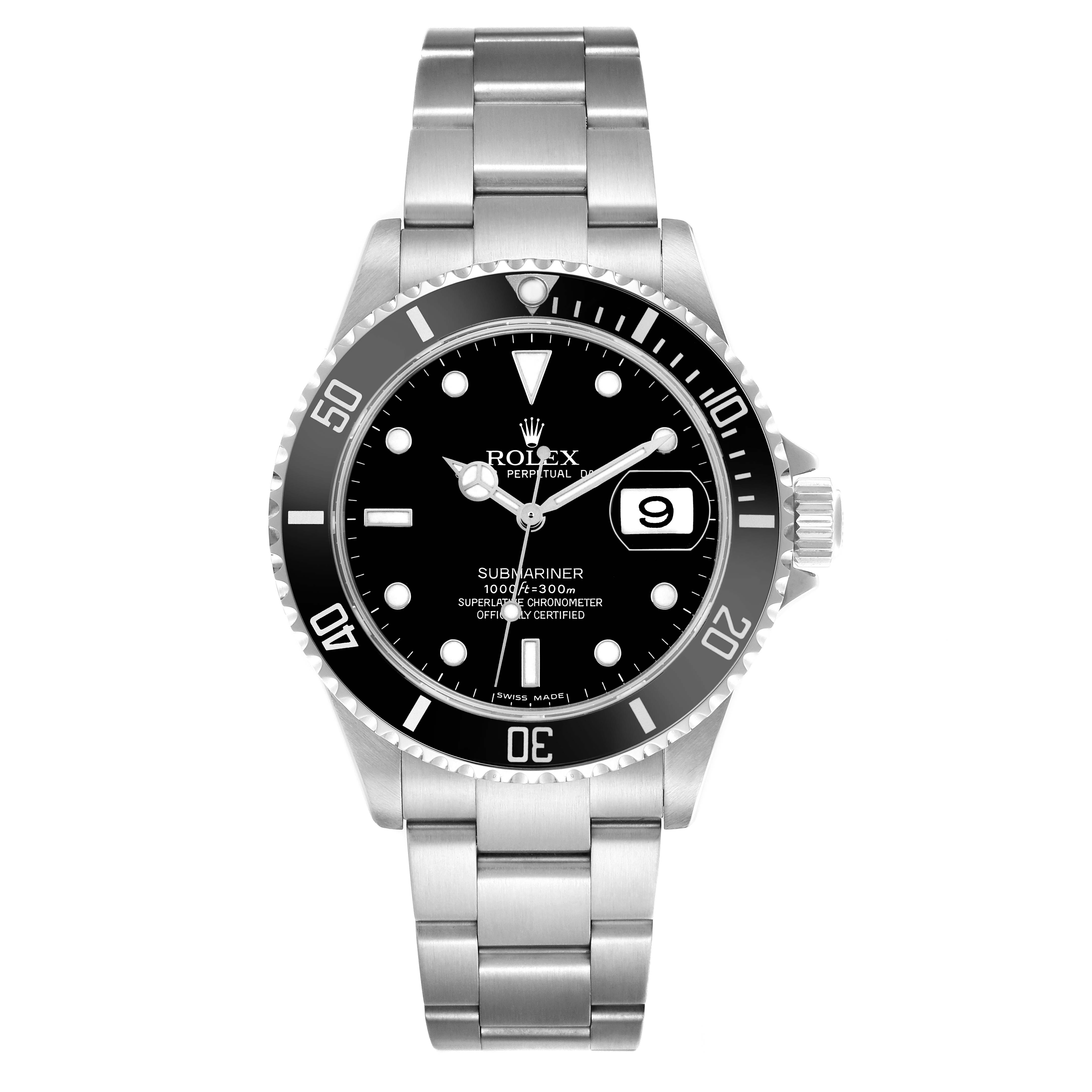 The Rolex Submariner 16610 Men's Stainless Steel Black Dial watch is shown from a front view, displaying the dial, bezel, bracelet, and date window.