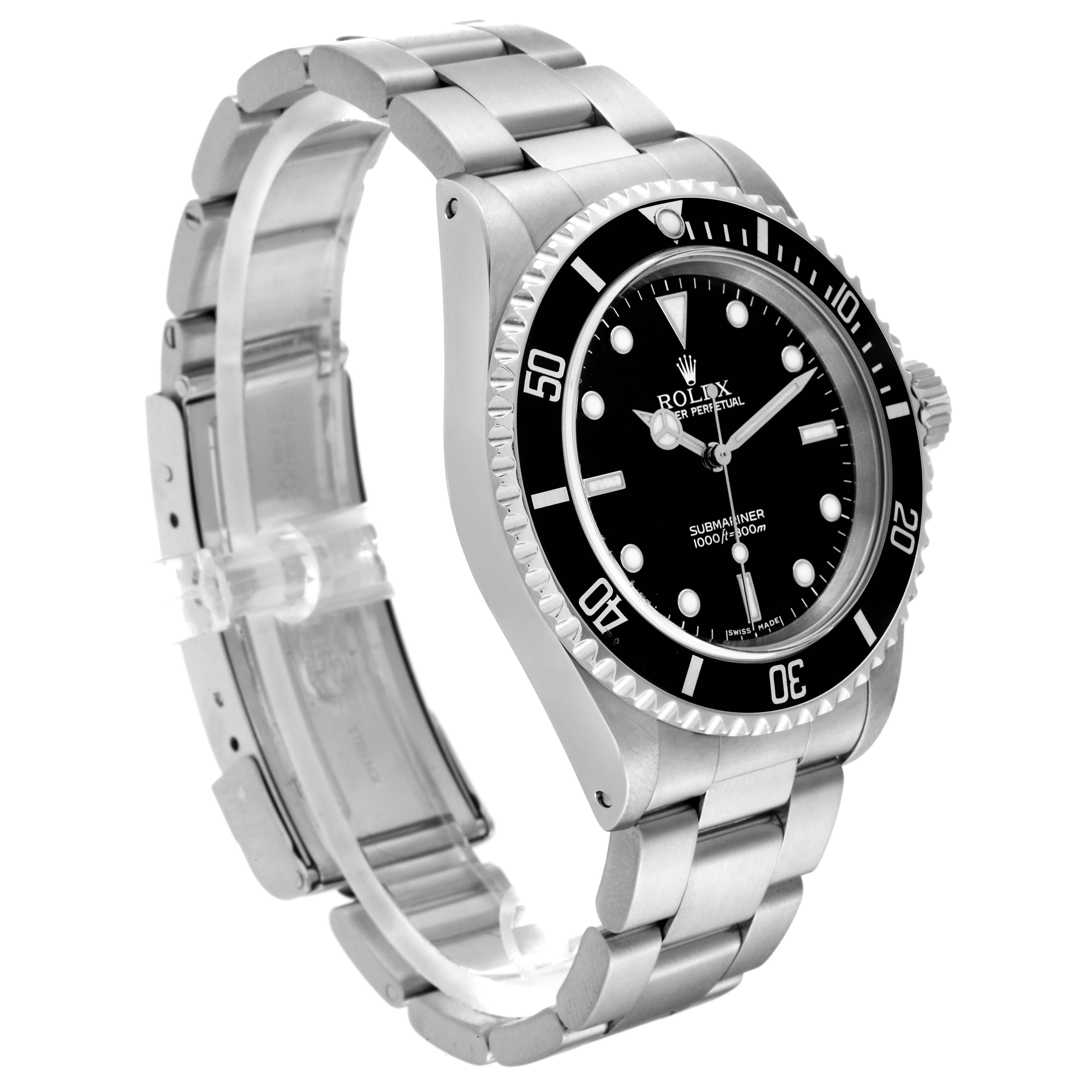 The image shows a side angle of a Rolex Submariner 14060M Men
s Stainless Steel Black Dial 14060M Men
s Stainless Steel Black Dial, highlighting its bezel, dial, and bracelet.