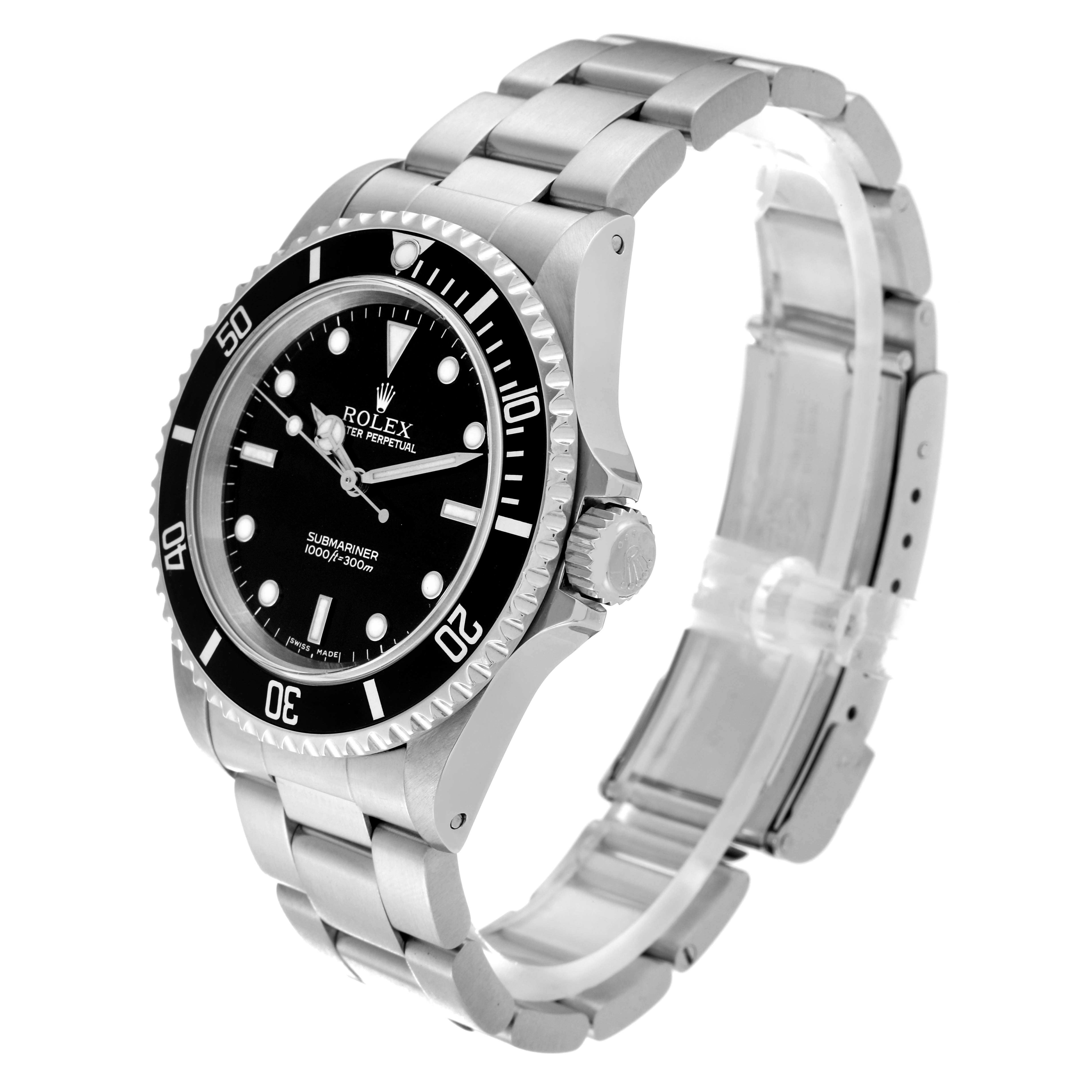The image displays a Rolex Submariner 14060M Men
s Stainless Steel Black Dial 14060M Men
s Stainless Steel Black Dial watch at a 3/4 angle, showing the bezel, dial, crown, and stainless steel bracelet.