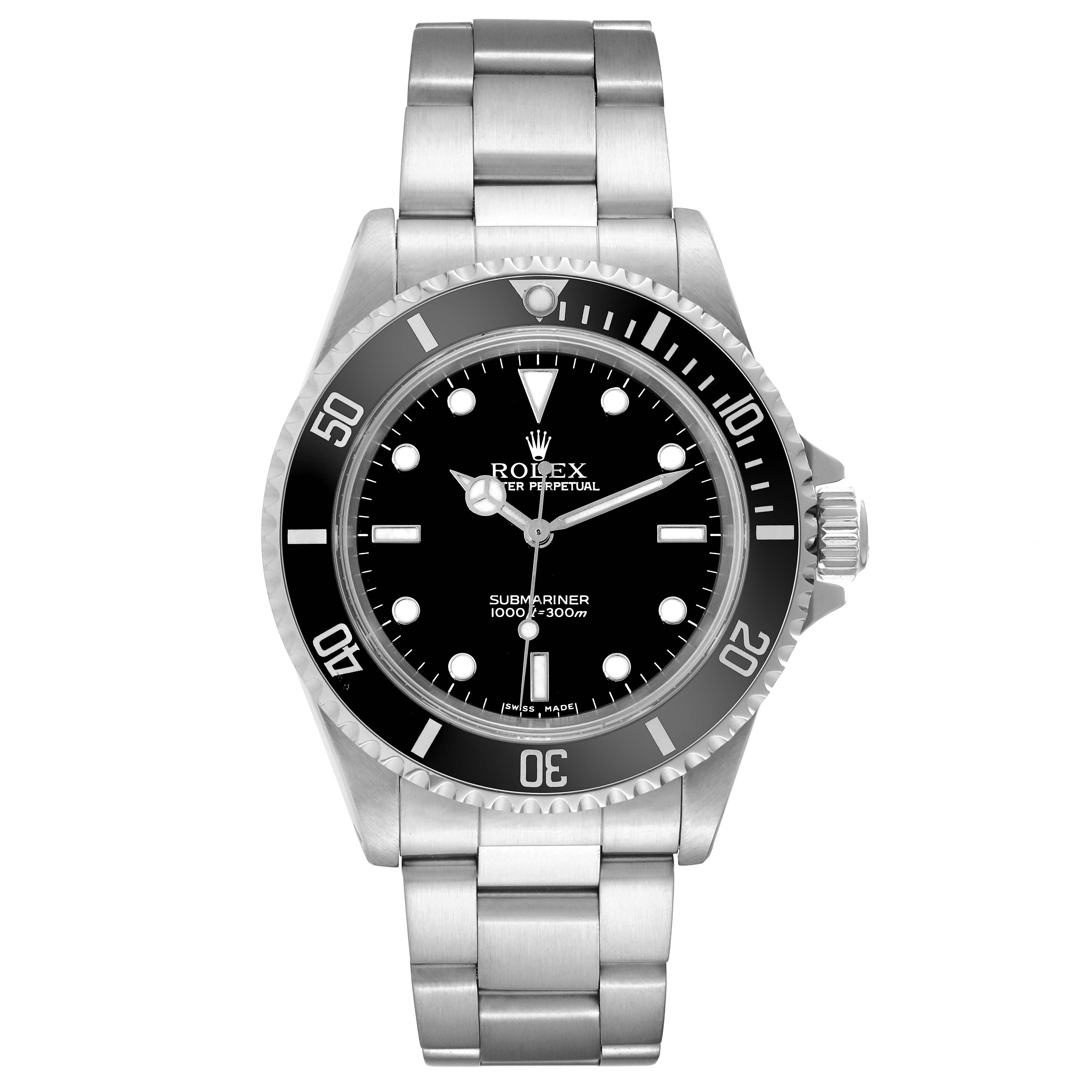 The image shows a front view of the Rolex Submariner 14060M Men
s Stainless Steel Black Dial 14060M Men
s Stainless Steel Black Dial watch, displaying the dial, bezel, and bracelet.