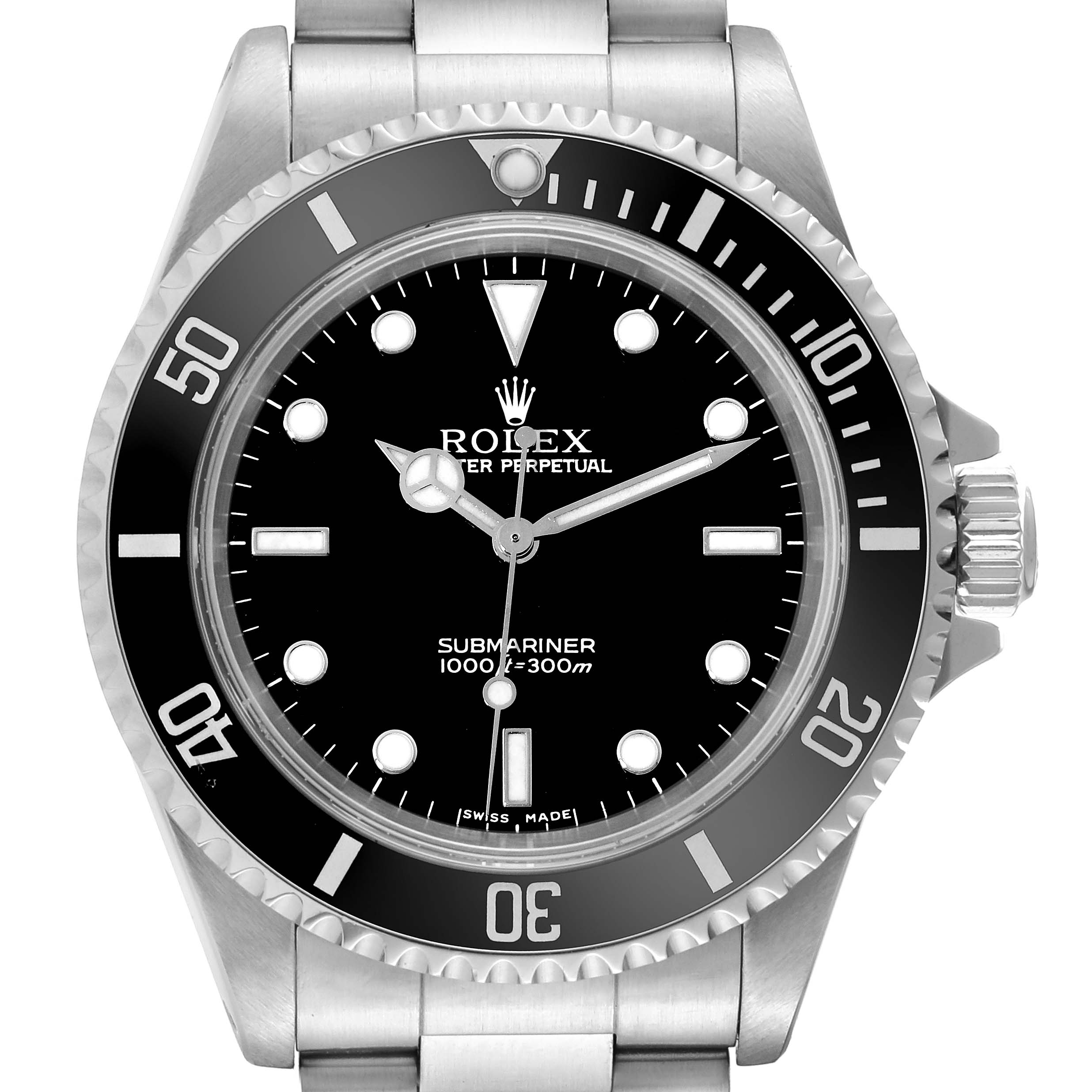 The image shows a front view of the Rolex Submariner 14060M Men
s Stainless Steel Black Dial 14060M Men
s Stainless Steel Black Dial watch, displaying the dial, bezel, and part of the stainless steel bracelet.