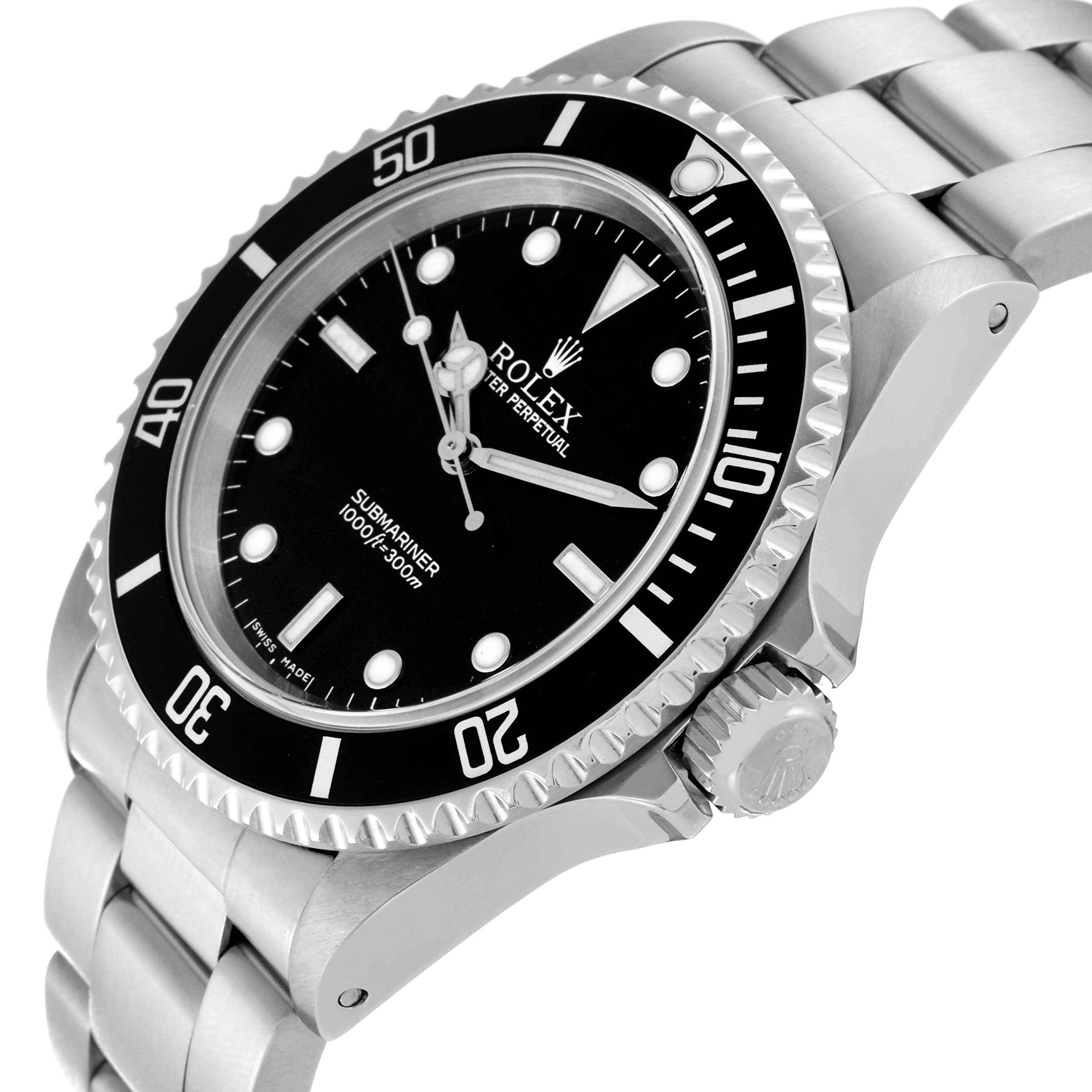 The image shows a Rolex Submariner 14060M Men
s Stainless Steel Black Dial 14060M Men
s Stainless Steel Black Dial watch from a slightly angled side view, highlighting its bezel, dial, and bracelet.