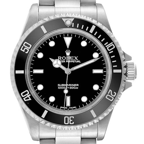 The image shows a front view of the Rolex Submariner watch, highlighting its dial, bezel, and part of the bracelet.