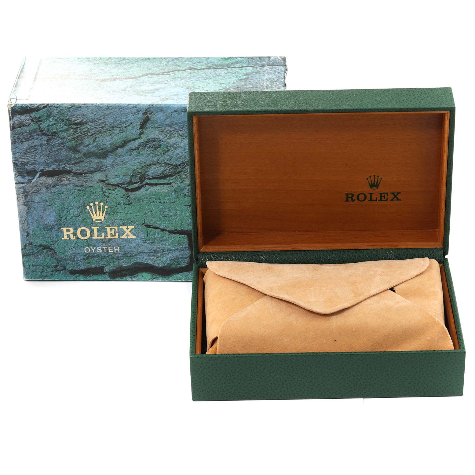 The image shows an open Rolex Submariner 14060M Men
s Stainless Steel Black Dial 14060M Men
s Stainless Steel Black Dial watch box with a brown pouch inside, alongside a green Rolex Oyster outer box.