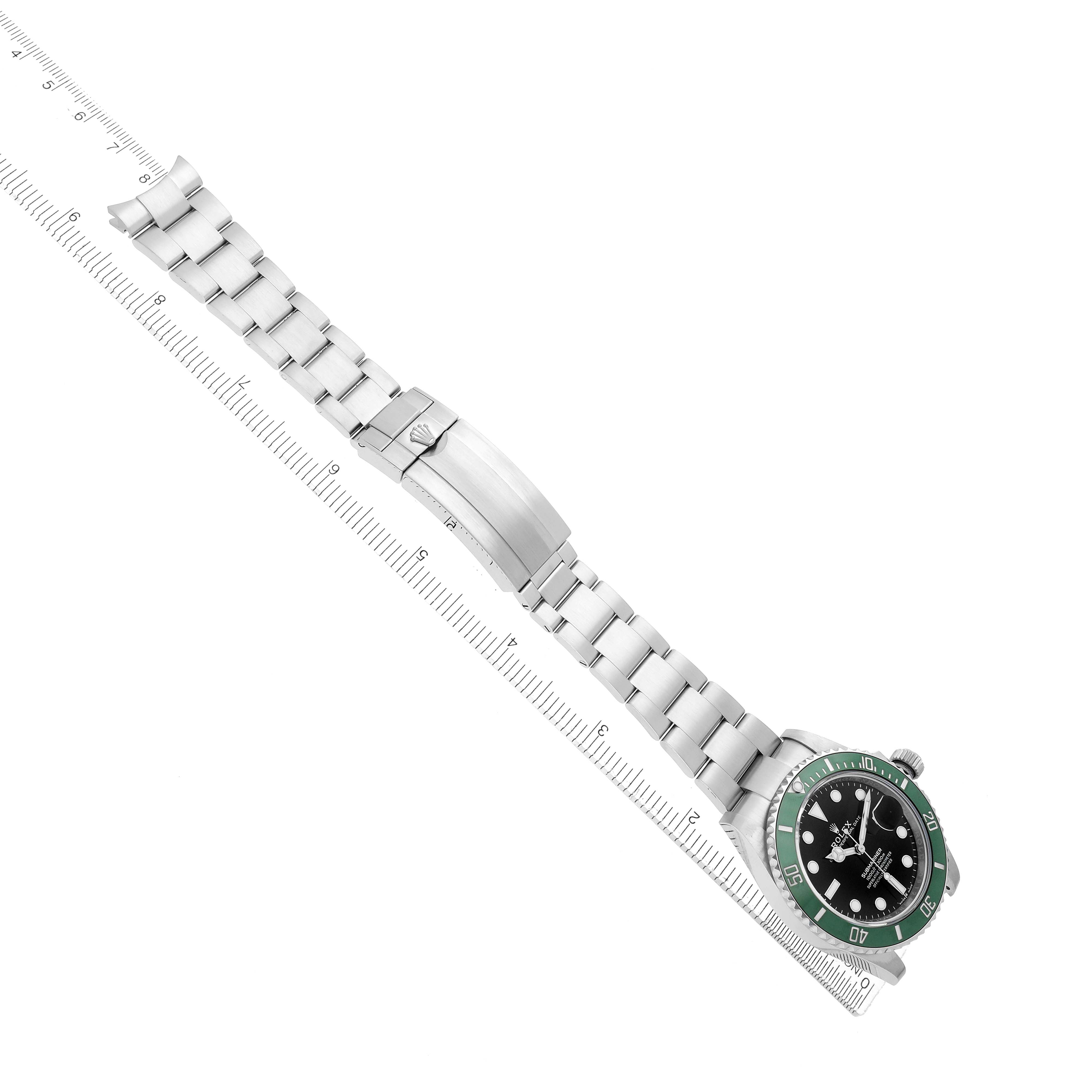 The Rolex Submariner 126610 Men
s Stainless Steel Black Dial is shown from a top view, displaying the full length of the metal bracelet and the clasp.