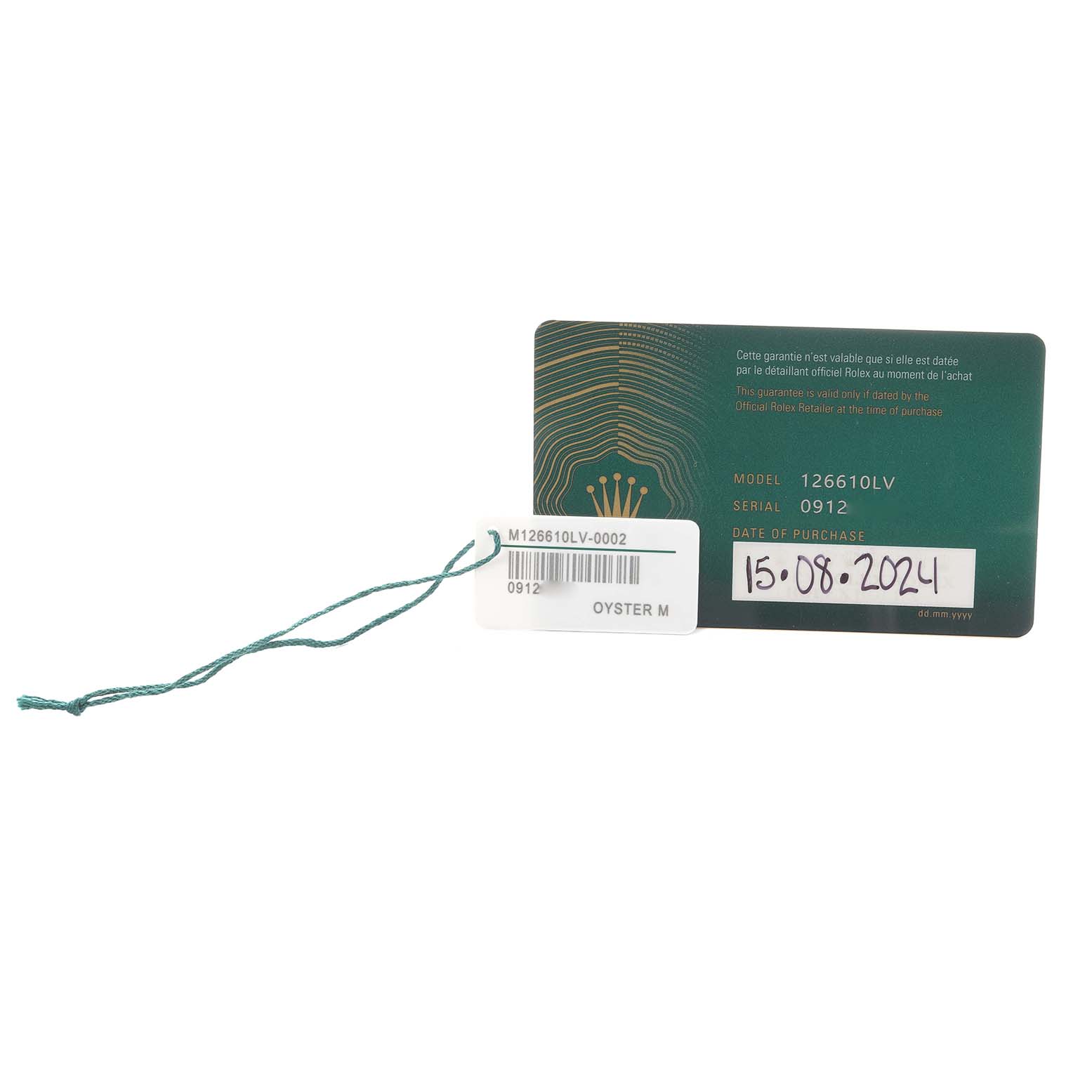 The image shows a warranty card for a Rolex Submariner 126610 Men
s Stainless Steel Black Dial model 126610LV with a tag attached.