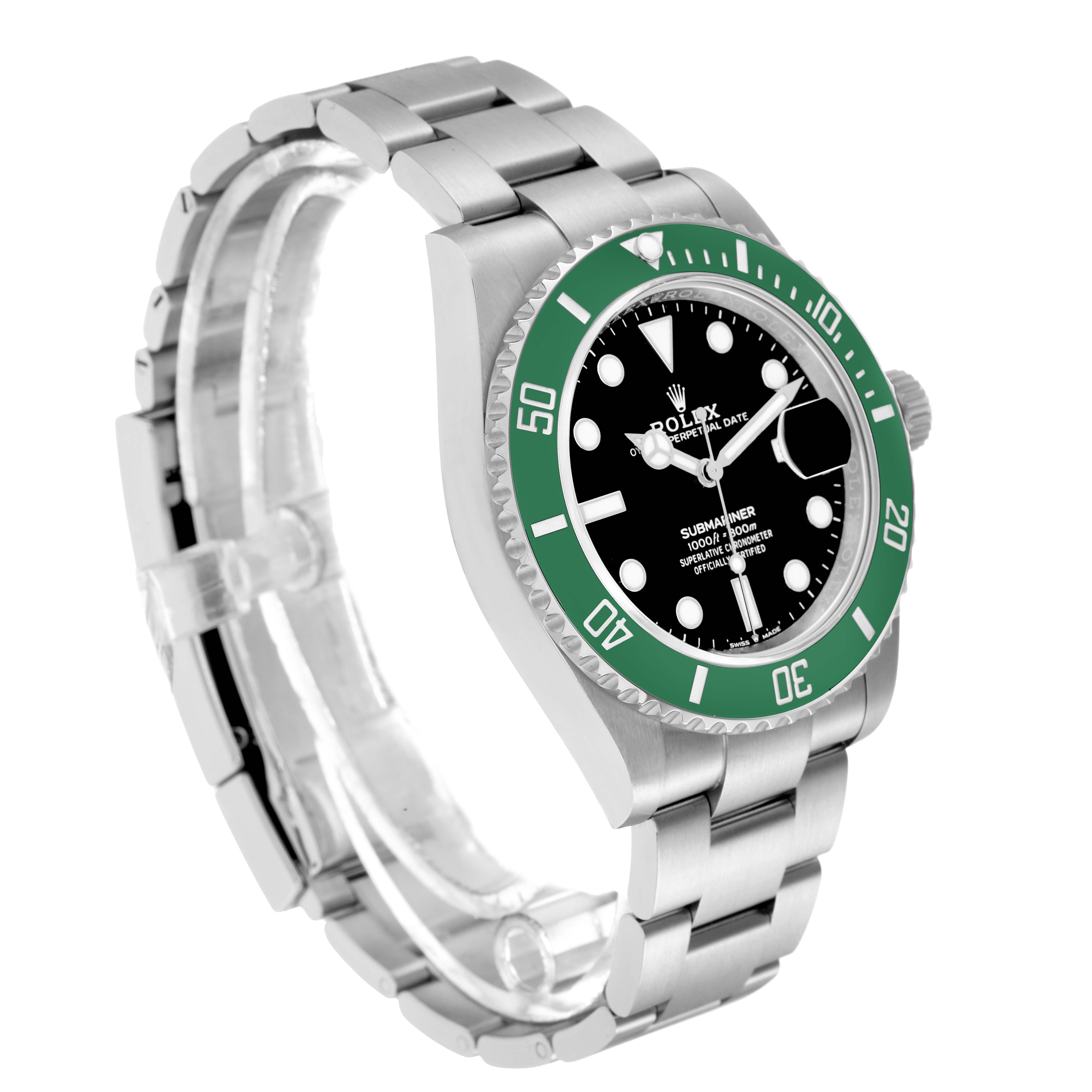 The Rolex Submariner 126610 Men
s Stainless Steel Black Dial watch is shown at a three-quarter angle, highlighting the green bezel, black dial, and silver bracelet.