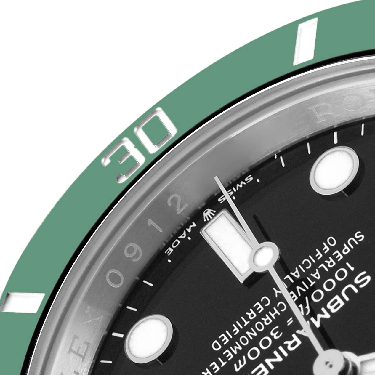 The image shows a close-up of the dial and bezel of a Rolex Submariner 126610 Men
s Stainless Steel Black Dial, highlighting the 30-minute mark and some text on the dial.
