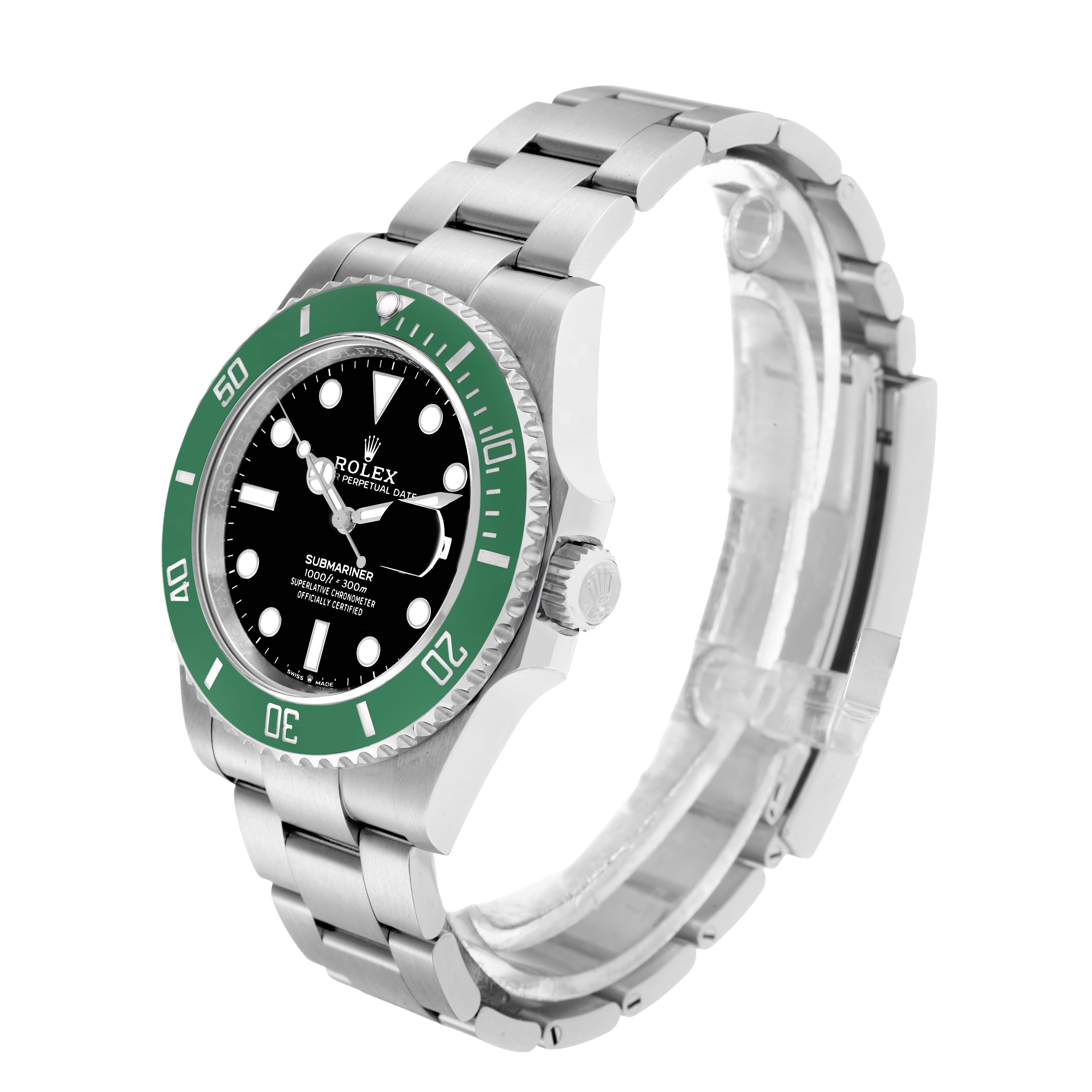 The Rolex Submariner 126610 Men
s Stainless Steel Black Dial is shown at a three-quarter angle, highlighting the bracelet, bezel, and face.
