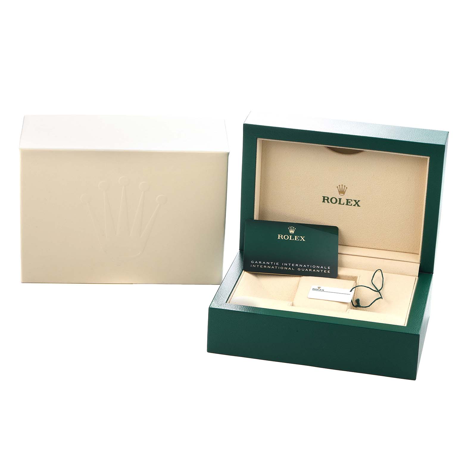 The image shows a Rolex Submariner 126610 Men
s Stainless Steel Black Dial box, with an open green case, warranty card, and accessories inside, viewed from the front.