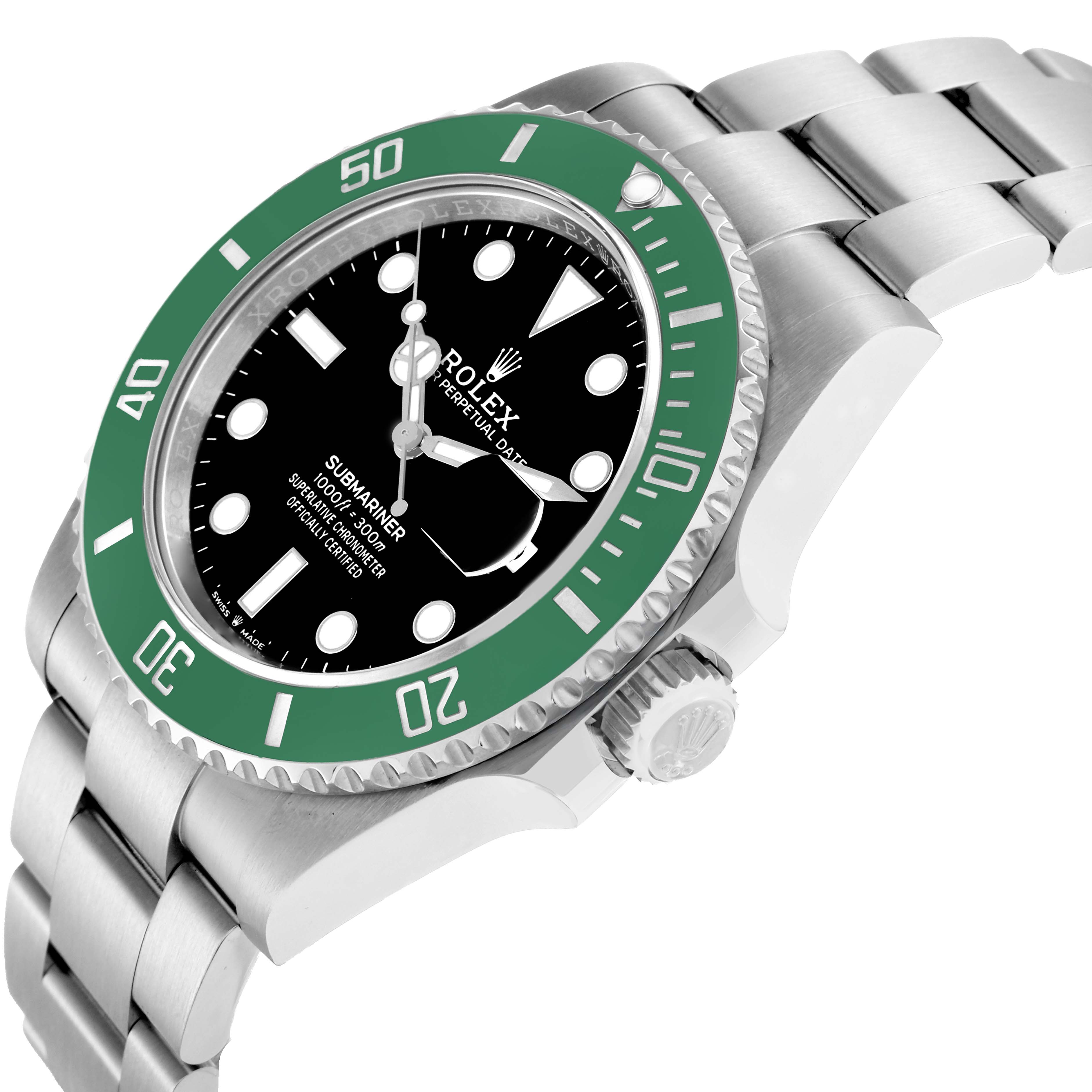 The Rolex Submariner 126610 Men
s Stainless Steel Black Dial watch is shown at a side angle, displaying the bezel, crown, dial, and a portion of the bracelet.