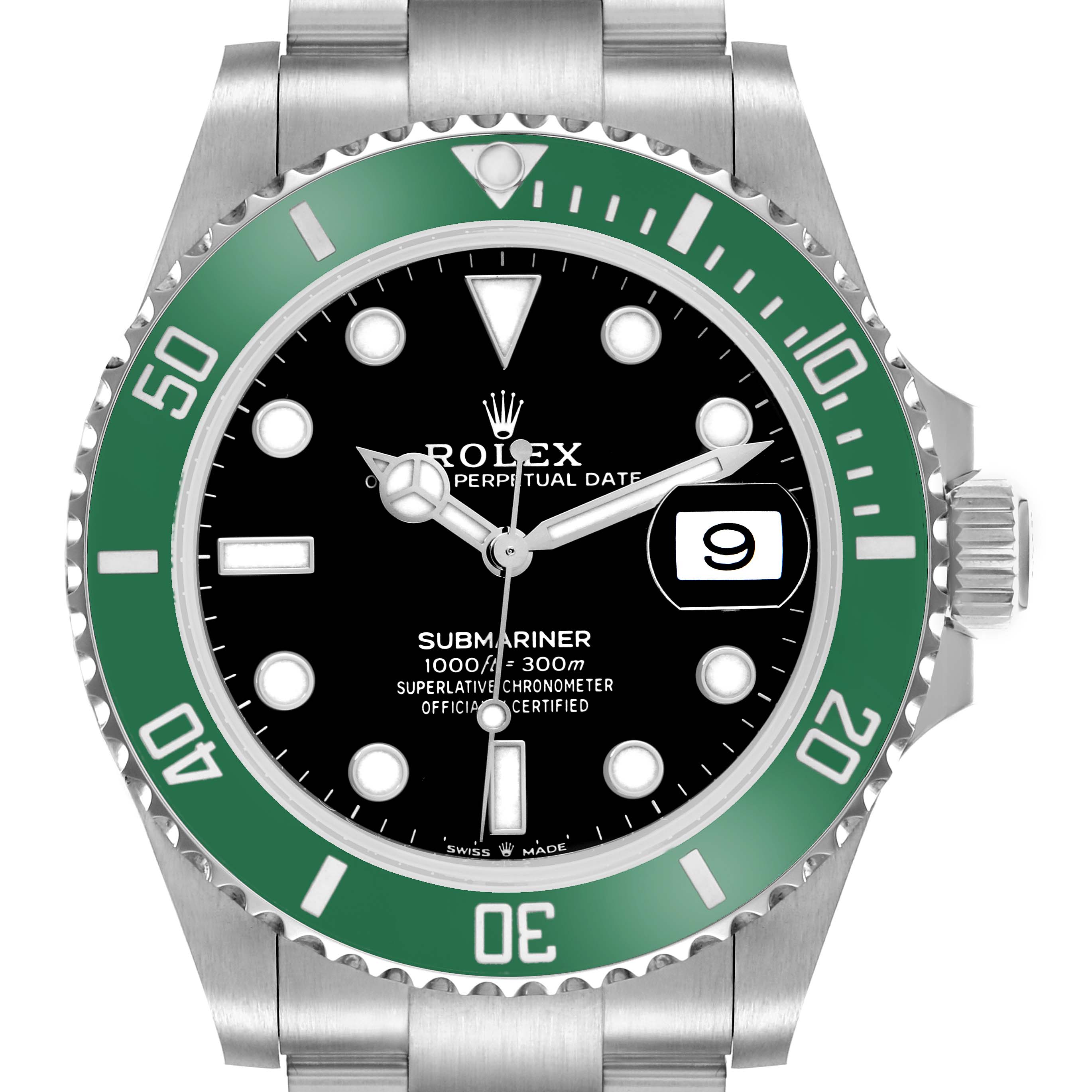 The Rolex Submariner 126610 Men
s Stainless Steel Black Dial watch is shown from a front angle highlighting its green bezel, dial, date window, and bracelet.