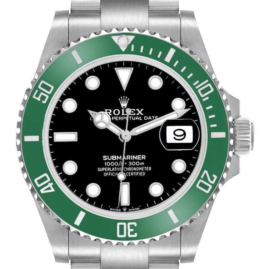 The Rolex Submariner 126610 Men's Stainless Steel Black Dial watch is shown from a front angle highlighting its green bezel, dial, date window, and bracelet.