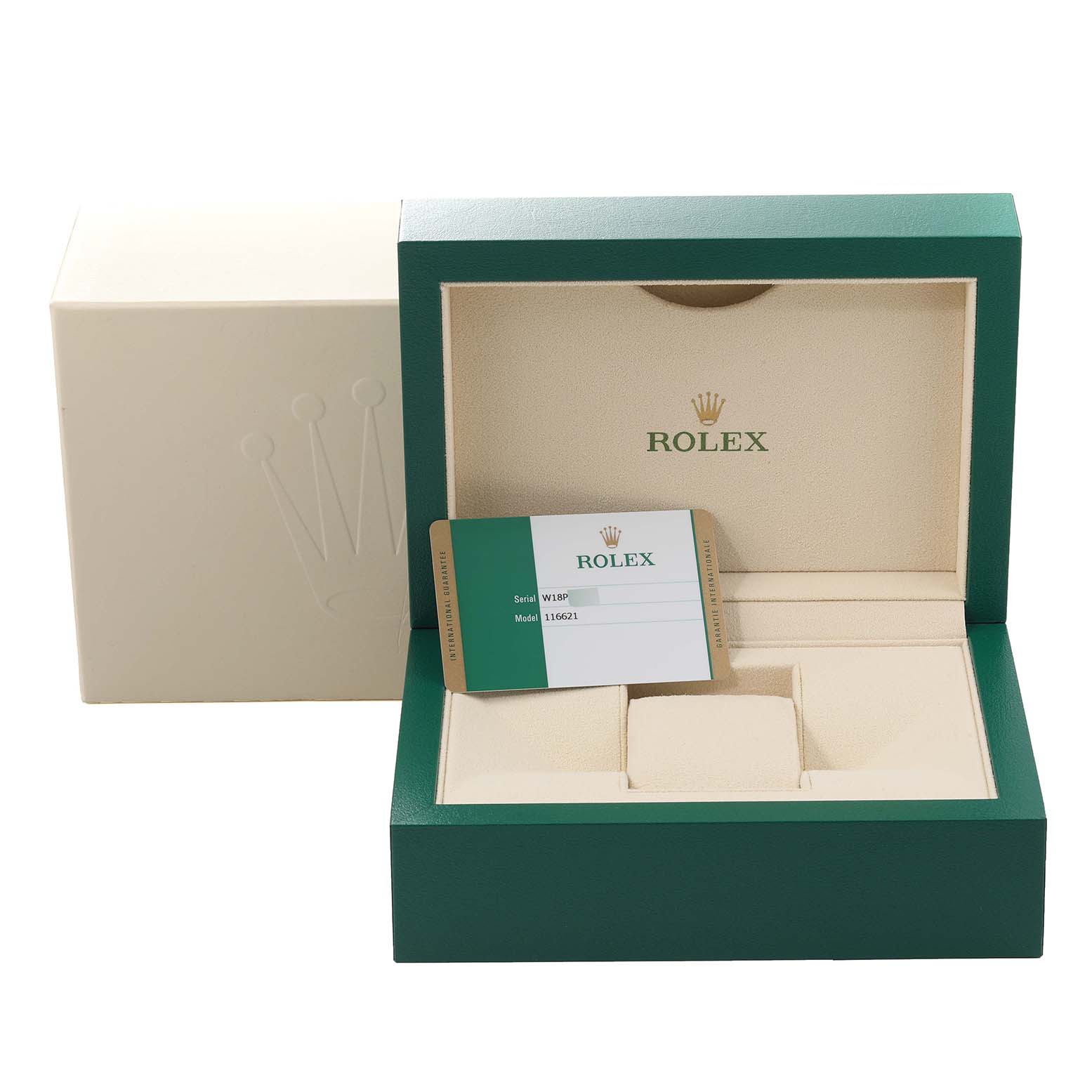 The image shows the packaging and certificate card for a Rolex Yacht-Master 116621 Men
s Steel and Gold (two tone) Black Dial 116621 Men
s Steel and Gold (two tone) Black Dial watch, model number 116621.