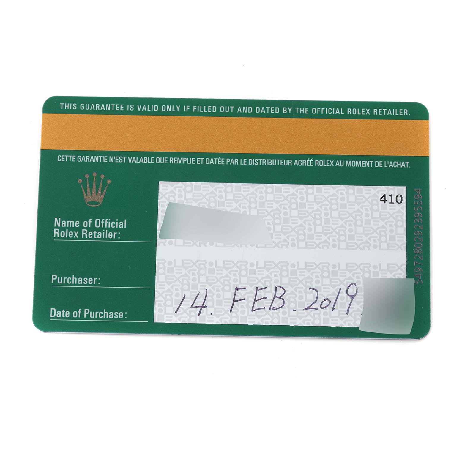 The image shows a green Rolex warranty card with purchase details for the Rolex Yacht-Master 116621 Men
s Steel and Gold (two tone) Black Dial 116621 Men
s Steel and Gold (two tone) Black Dial model.