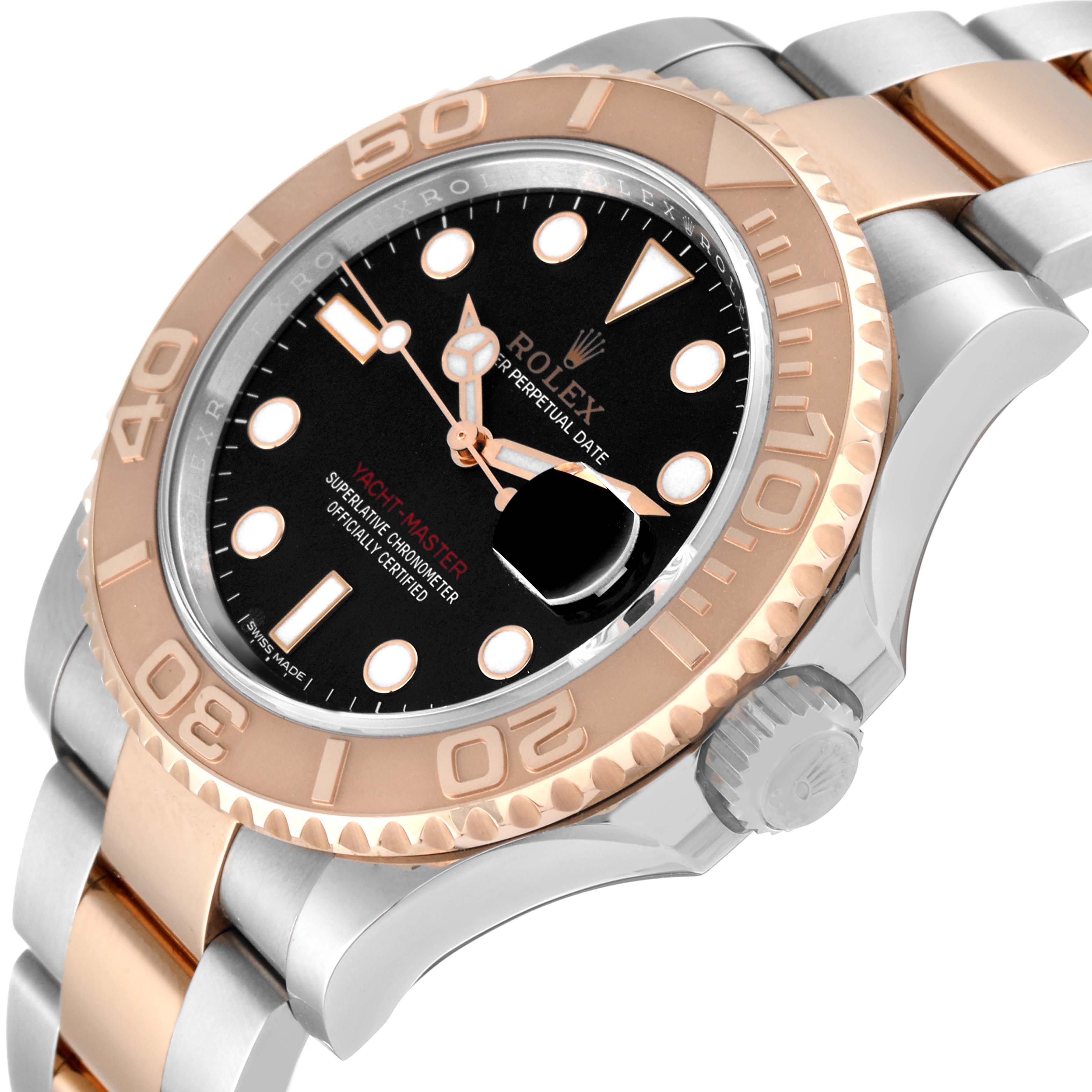 The image shows a close-up of the Rolex Yacht-Master 116621 Men
s Steel and Gold (two tone) Black Dial 116621 Men
s Steel and Gold (two tone) Black Dial watch, highlighting its black dial, bezel, crown, and two-tone bracelet.