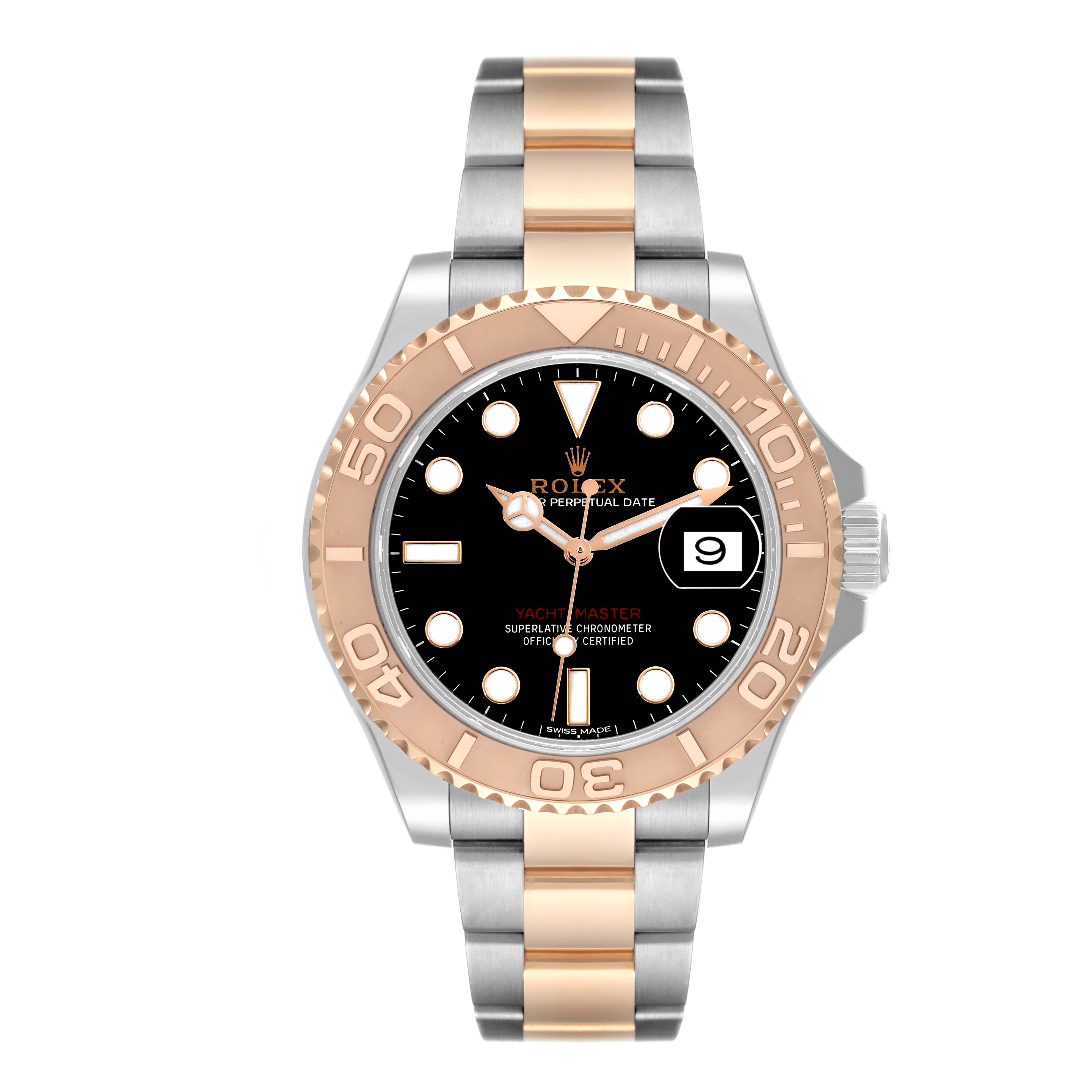 This image shows a front view of a Rolex Yacht-Master 116621 Men
s Steel and Gold (two tone) Black Dial 116621 Men
s Steel and Gold (two tone) Black Dial watch with a two-tone bracelet and a black dial.