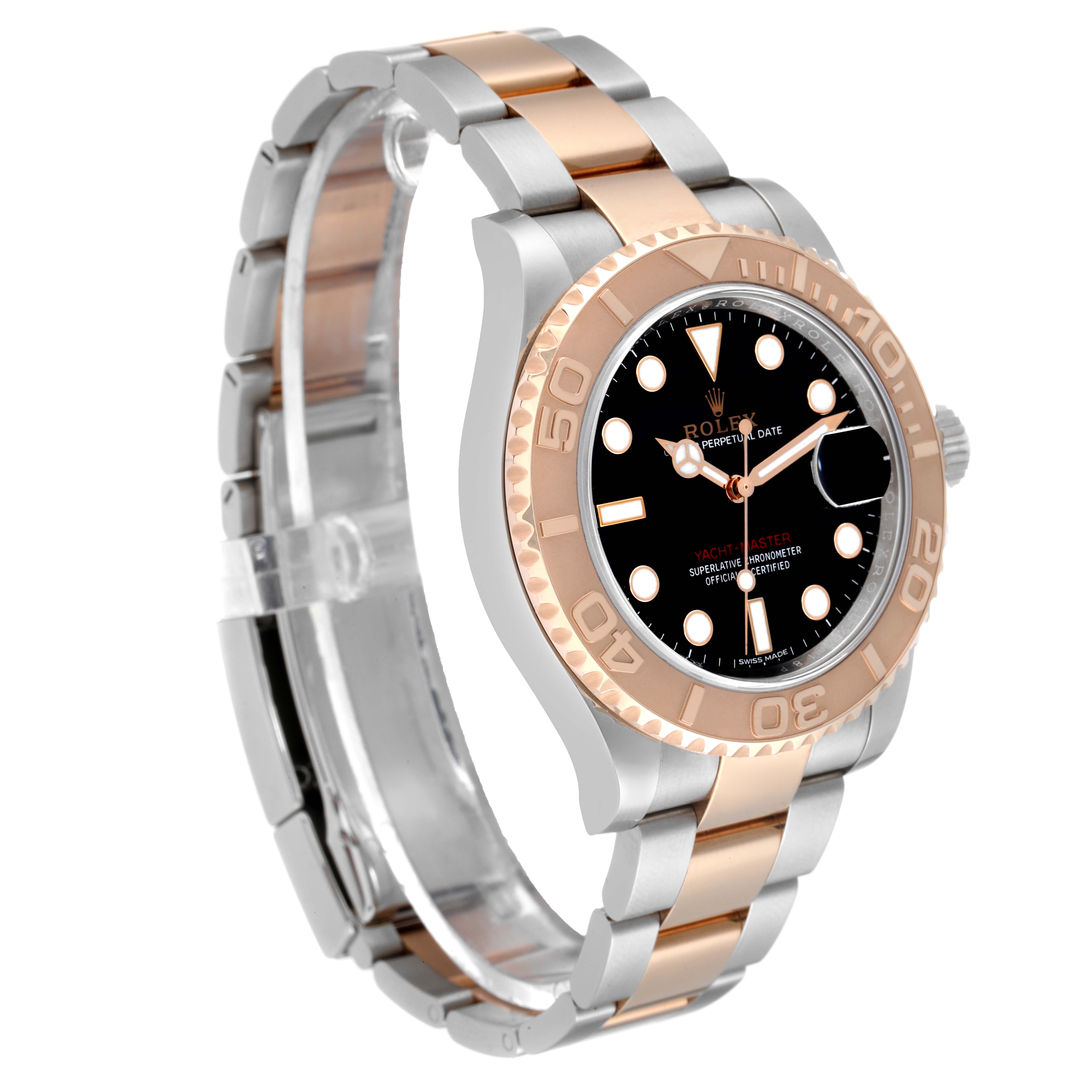 The Rolex Yacht-Master 116621 Men
s Steel and Gold (two tone) Black Dial 116621 Men
s Steel and Gold (two tone) Black Dial watch is shown at a slight angle, highlighting the dial, bezel, bracelet, and clasp.