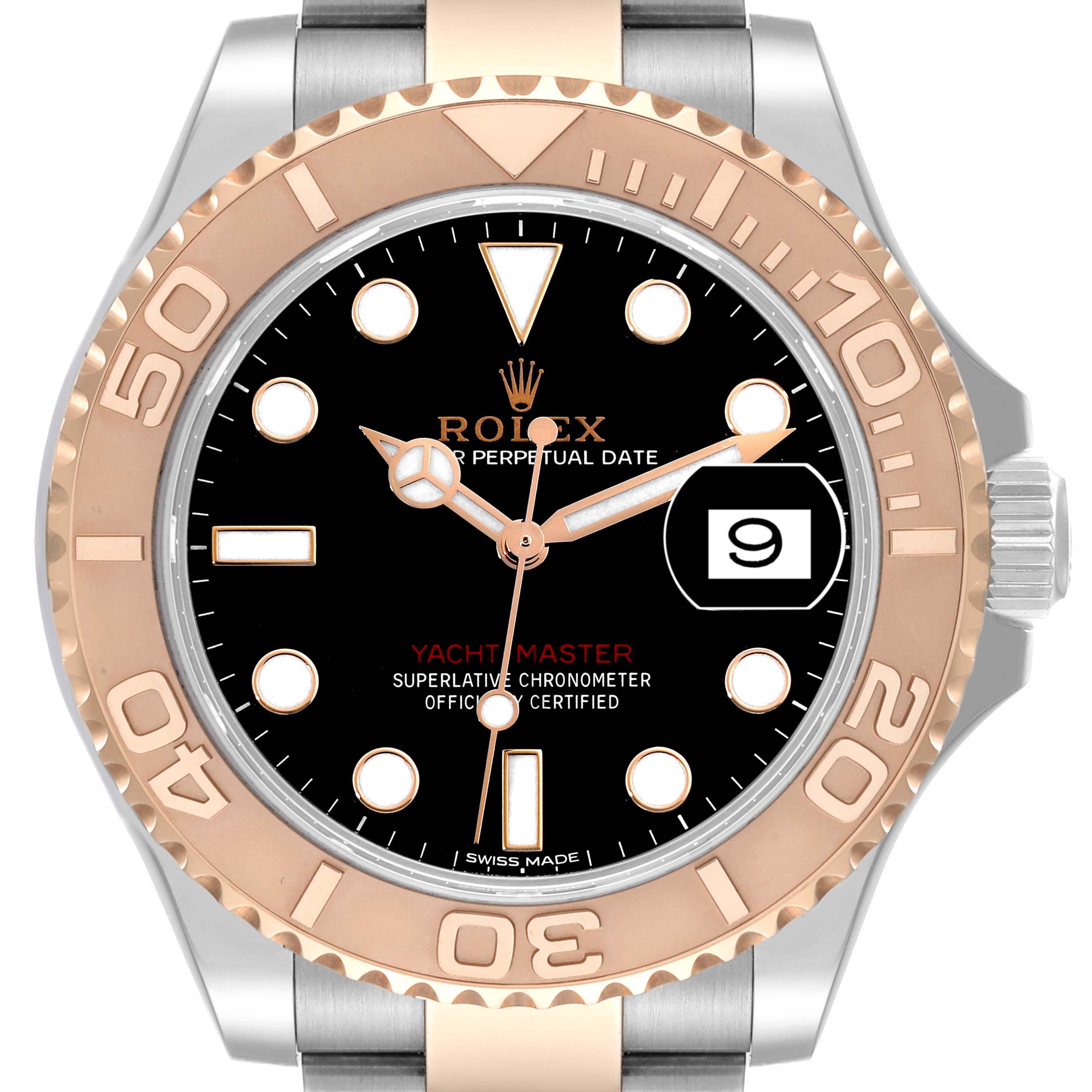 The image shows a frontal view of a Rolex Yacht-Master 116621 Men
s Steel and Gold (two tone) Black Dial 116621 Men
s Steel and Gold (two tone) Black Dial, highlighting its bezel, dial, hands, and date window.