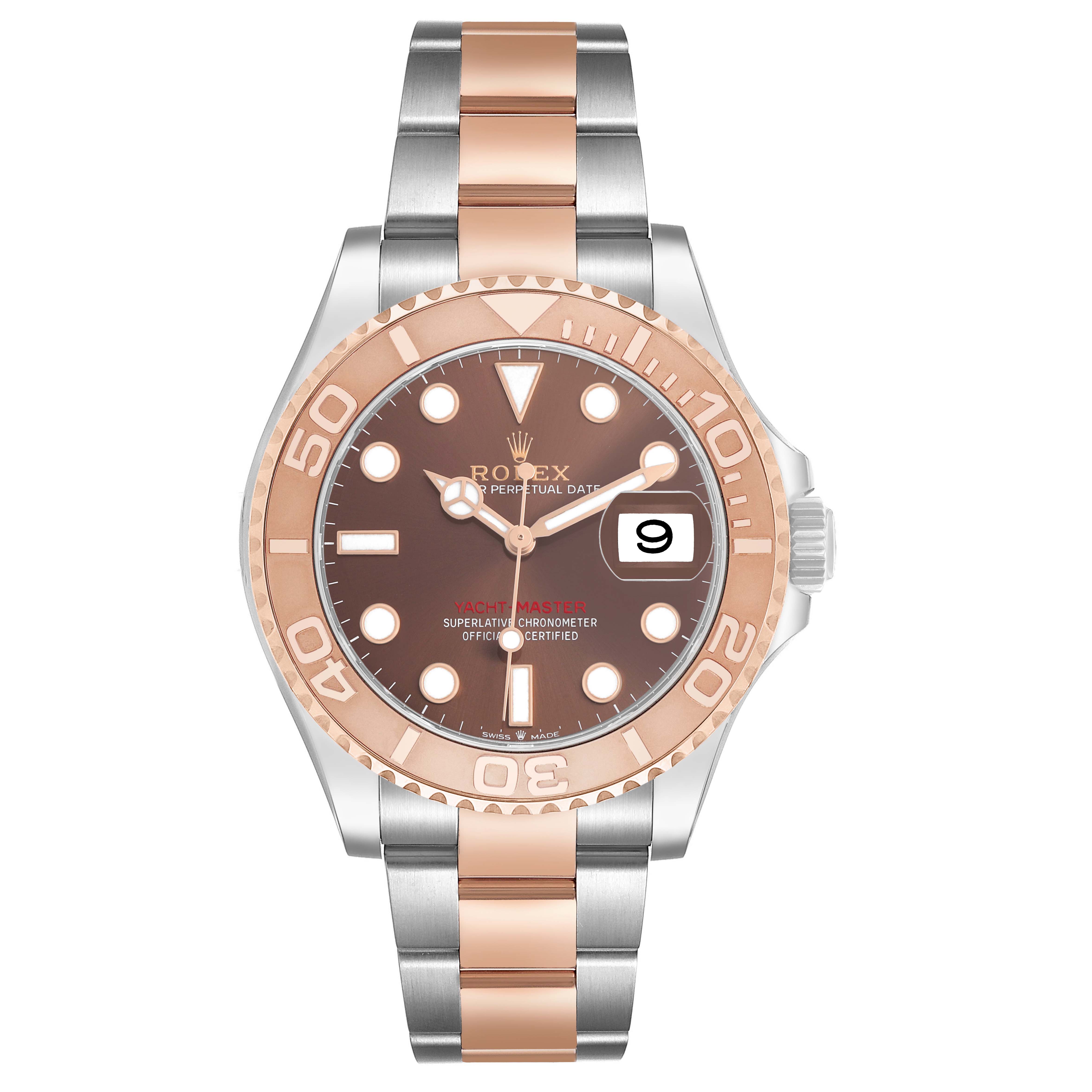 The Rolex Yacht-Master 126621 Men's Stainless Steel Brown Dial watch is shown from the front, highlighting the dial, bezel, bracelet, and date window.
