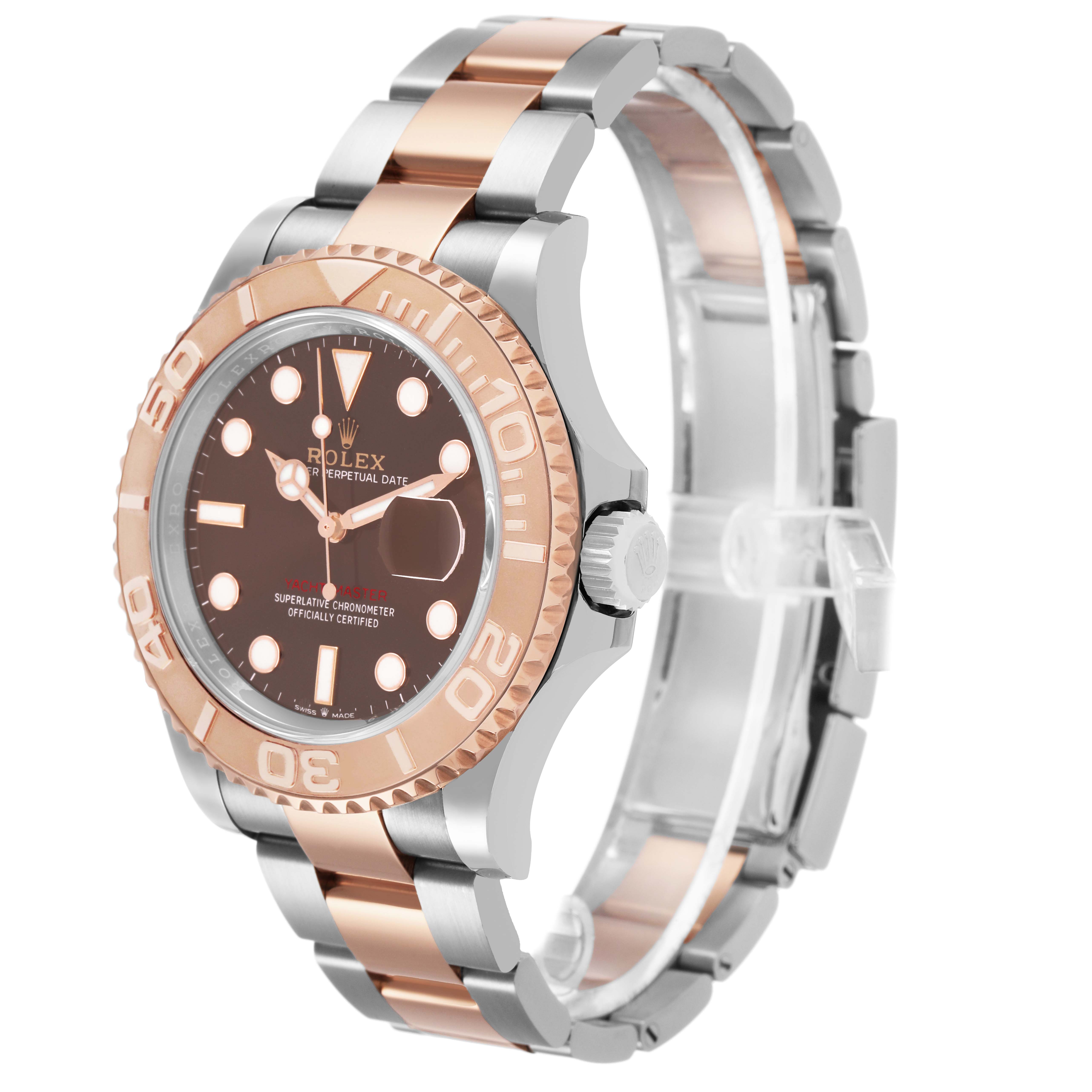 The Rolex Yacht-Master 126621 Men's Stainless Steel Brown Dial watch is shown at a slight angle highlighting the bezel, dial, crown, and bracelet.