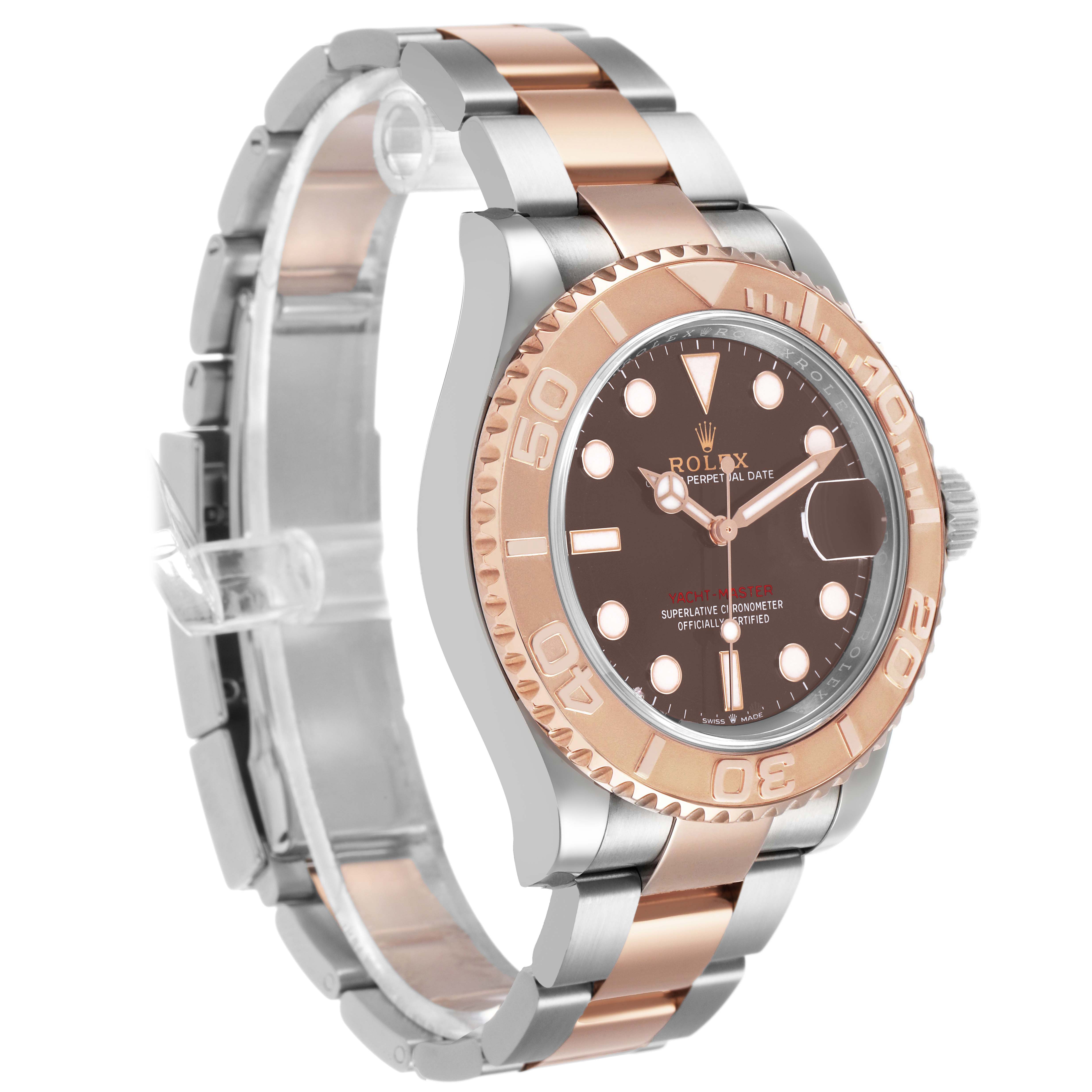 The Rolex Yacht-Master 126621 Men's Stainless Steel Brown Dial watch is shown from a front-left angle, highlighting its bezel, dial, and two-tone bracelet.