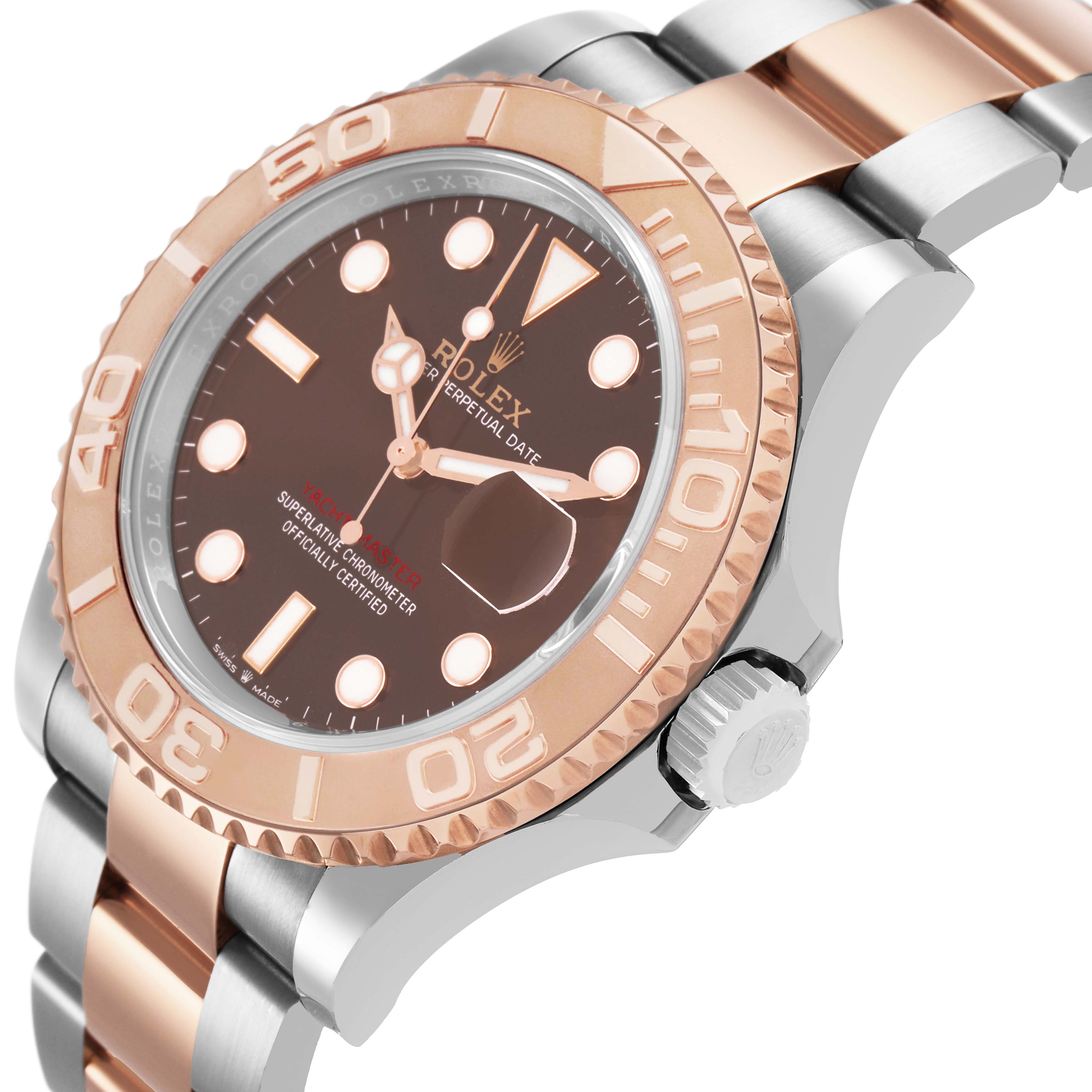 The Rolex Yacht-Master 126621 Men's Stainless Steel Brown Dial is shown at a slight side angle, highlighting the bezel, crown, and part of the bracelet.